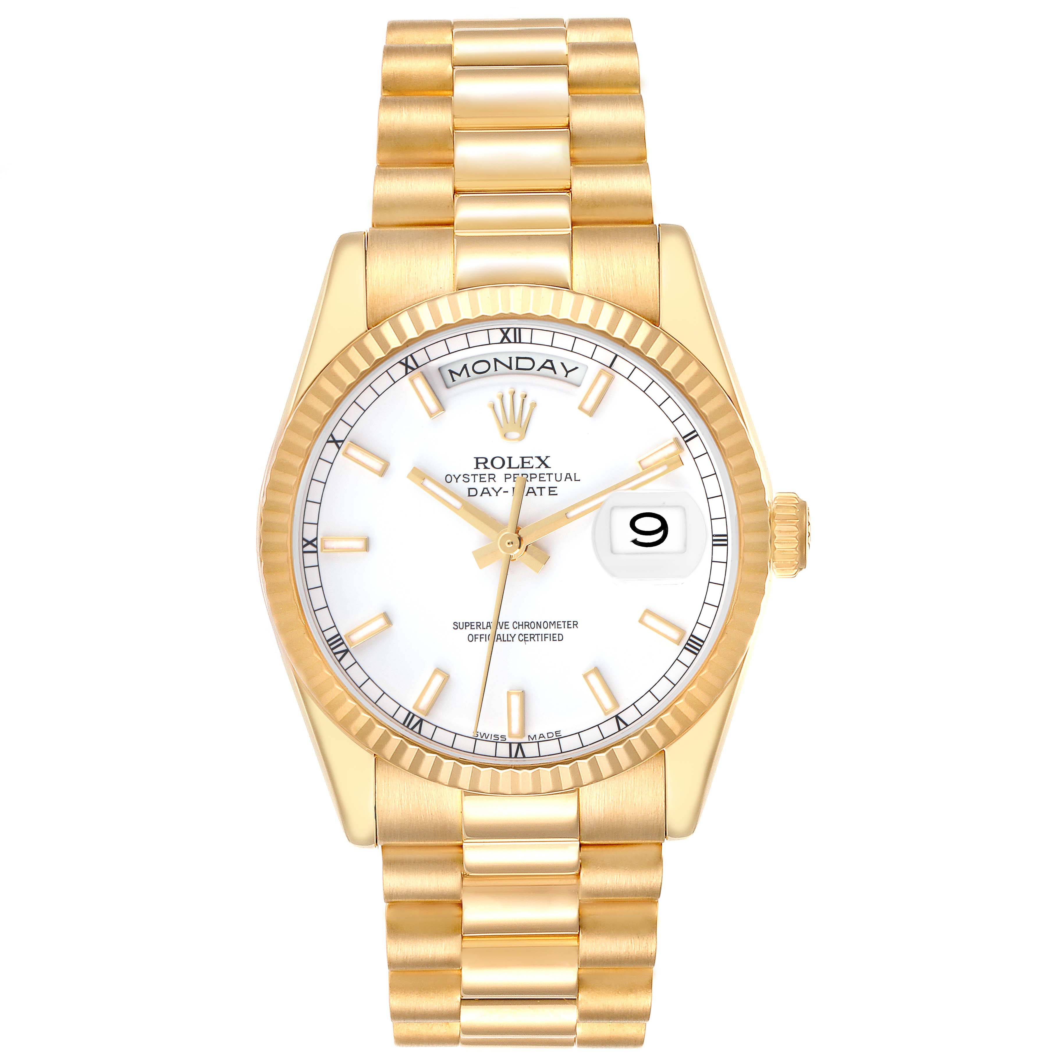The Rolex President 118238 Men
s Yellow Gold White Dial 118238 Men
s Yellow Gold White Dial model is shown from a top-down angle, highlighting the full face, bezel, and bracelet.