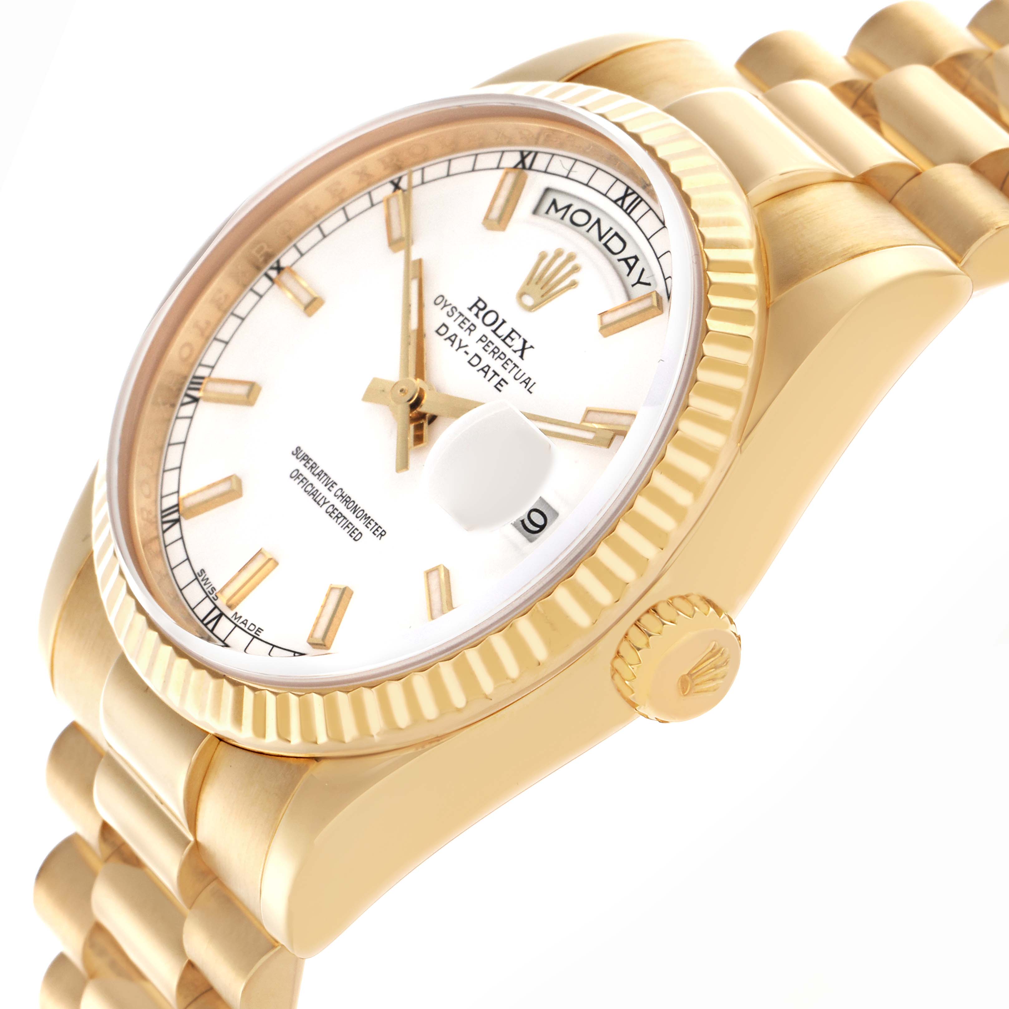 The Rolex President 118238 Men
s Yellow Gold White Dial 118238 Men
s Yellow Gold White Dial watch is shown at an angled side view, highlighting the dial, bezel, crown, and part of the bracelet.