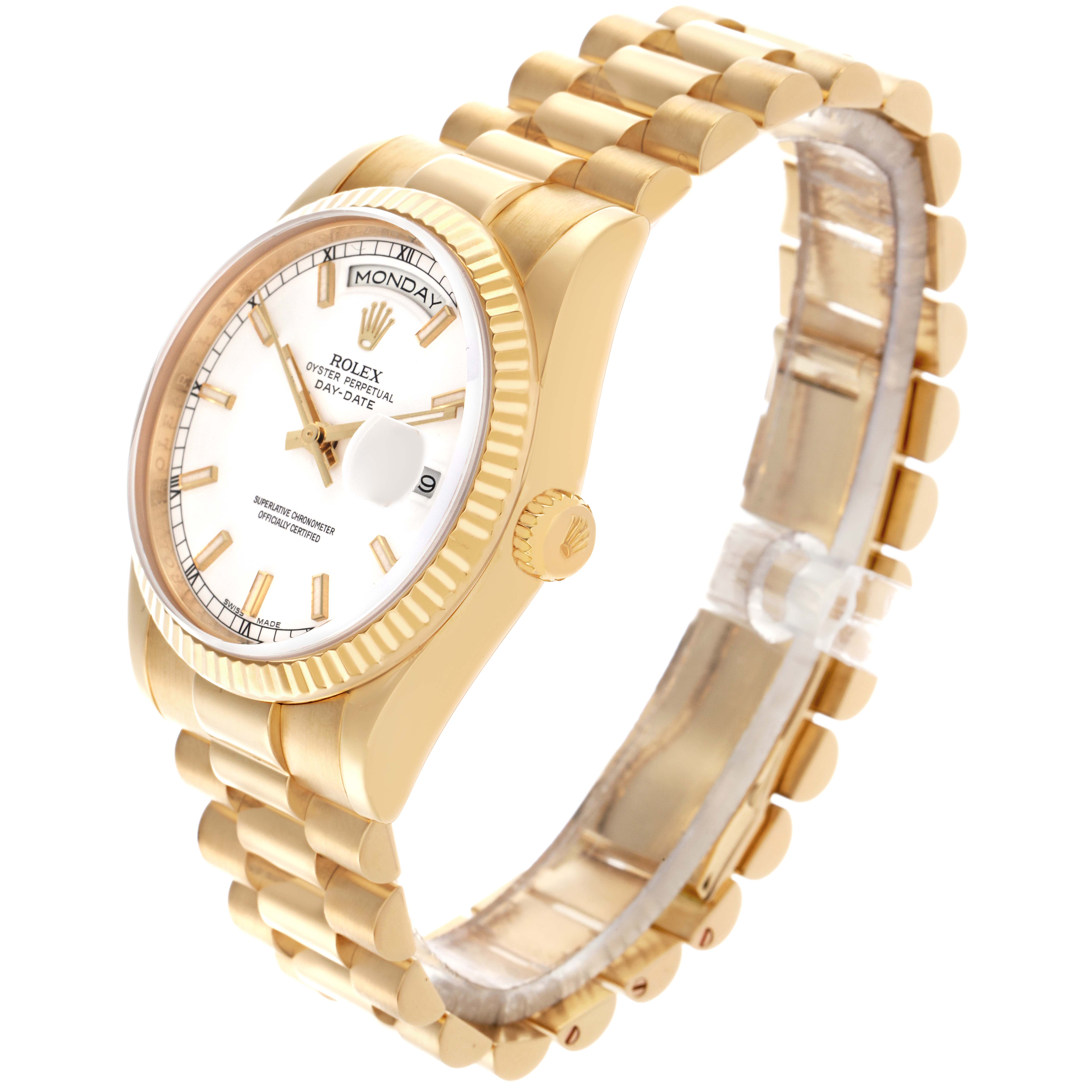 The Rolex President 118238 Men
s Yellow Gold White Dial 118238 Men
s Yellow Gold White Dial model is shown at a three-quarter angle, highlighting the face, fluted bezel, and bracelet.
