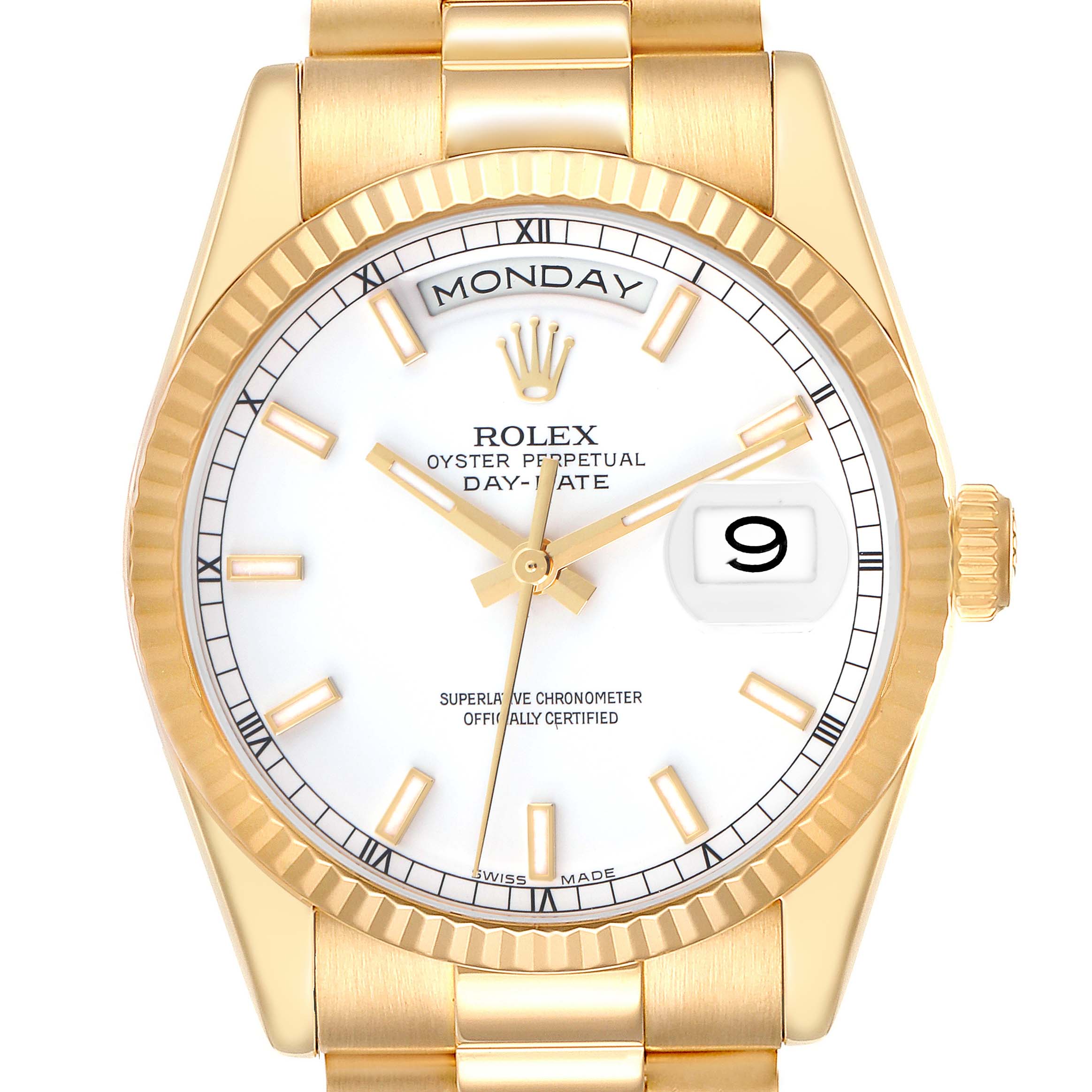 The Rolex President 118238 Men
s Yellow Gold White Dial 118238 Men
s Yellow Gold White Dial model watch is shown from a frontal angle, displaying the dial, bezel, crown, and bracelet.