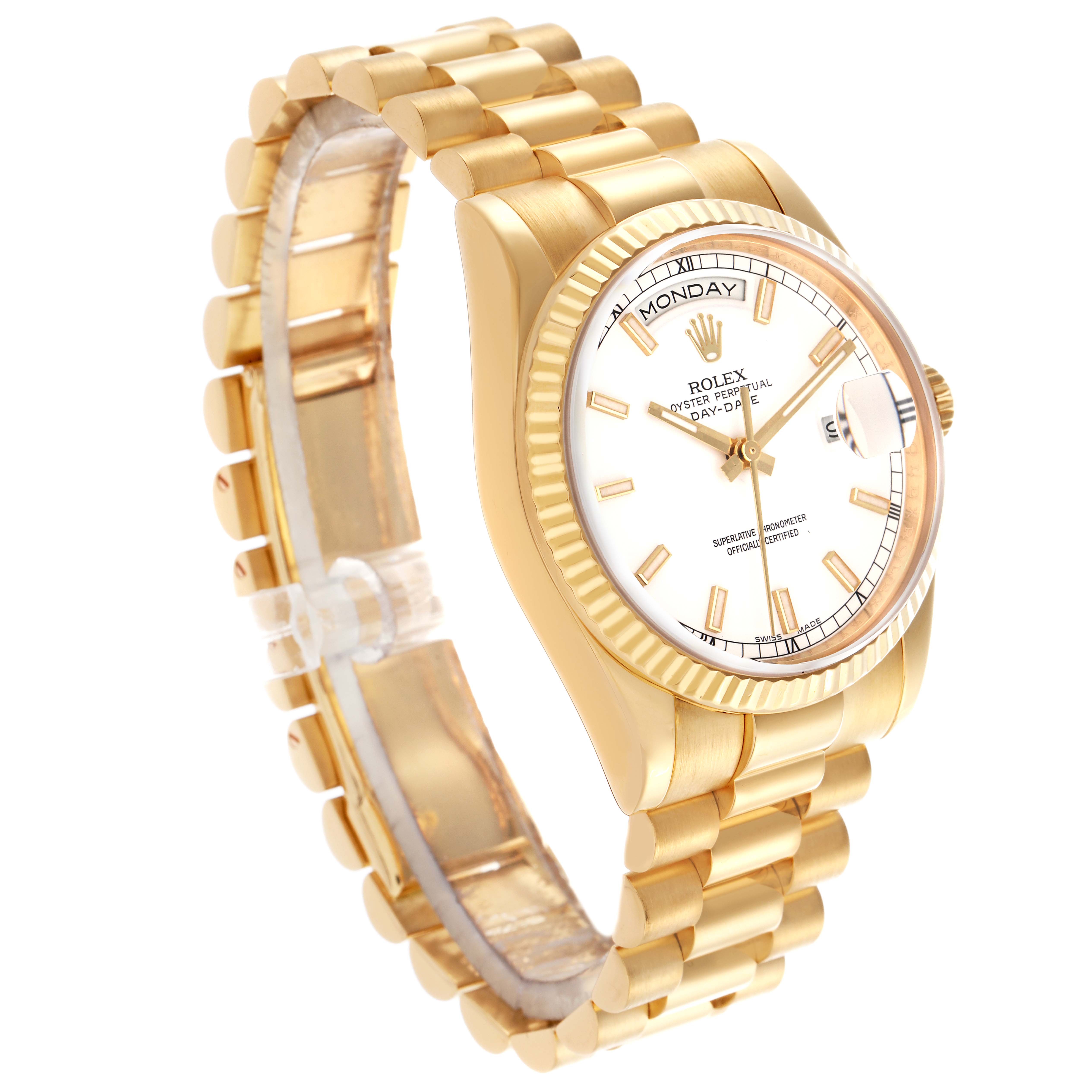 The Rolex President 118238 Men
s Yellow Gold White Dial 118238 Men
s Yellow Gold White Dial model is shown at a three-quarter angle, highlighting the bracelet, case, bezel, and dial.