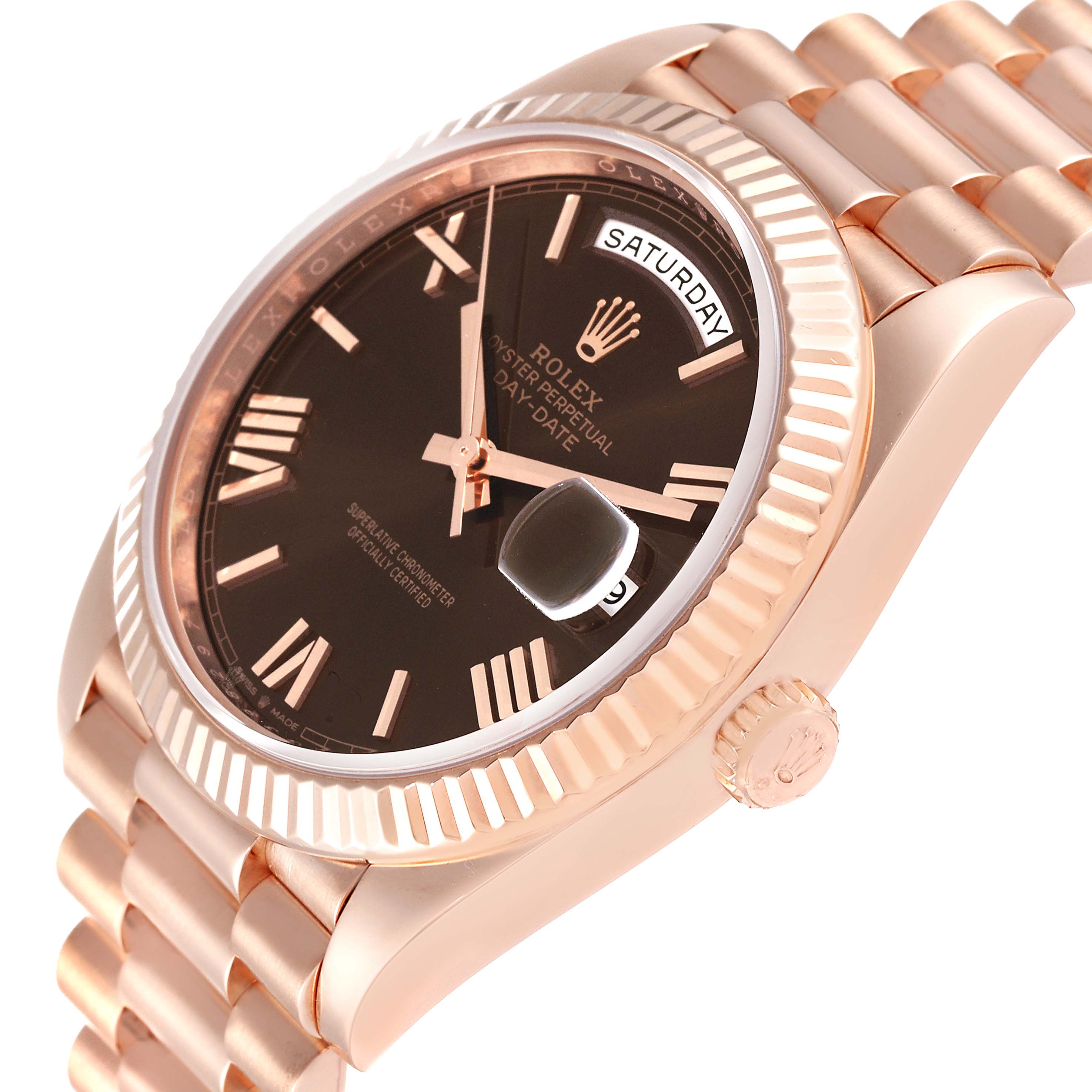 The Rolex President 228235 Men
s Rose Gold Brown Dial 228235 Men
s Rose Gold Brown Dial model watch is shown at an angle highlighting its dial, fluted bezel, crown, and part of the bracelet.