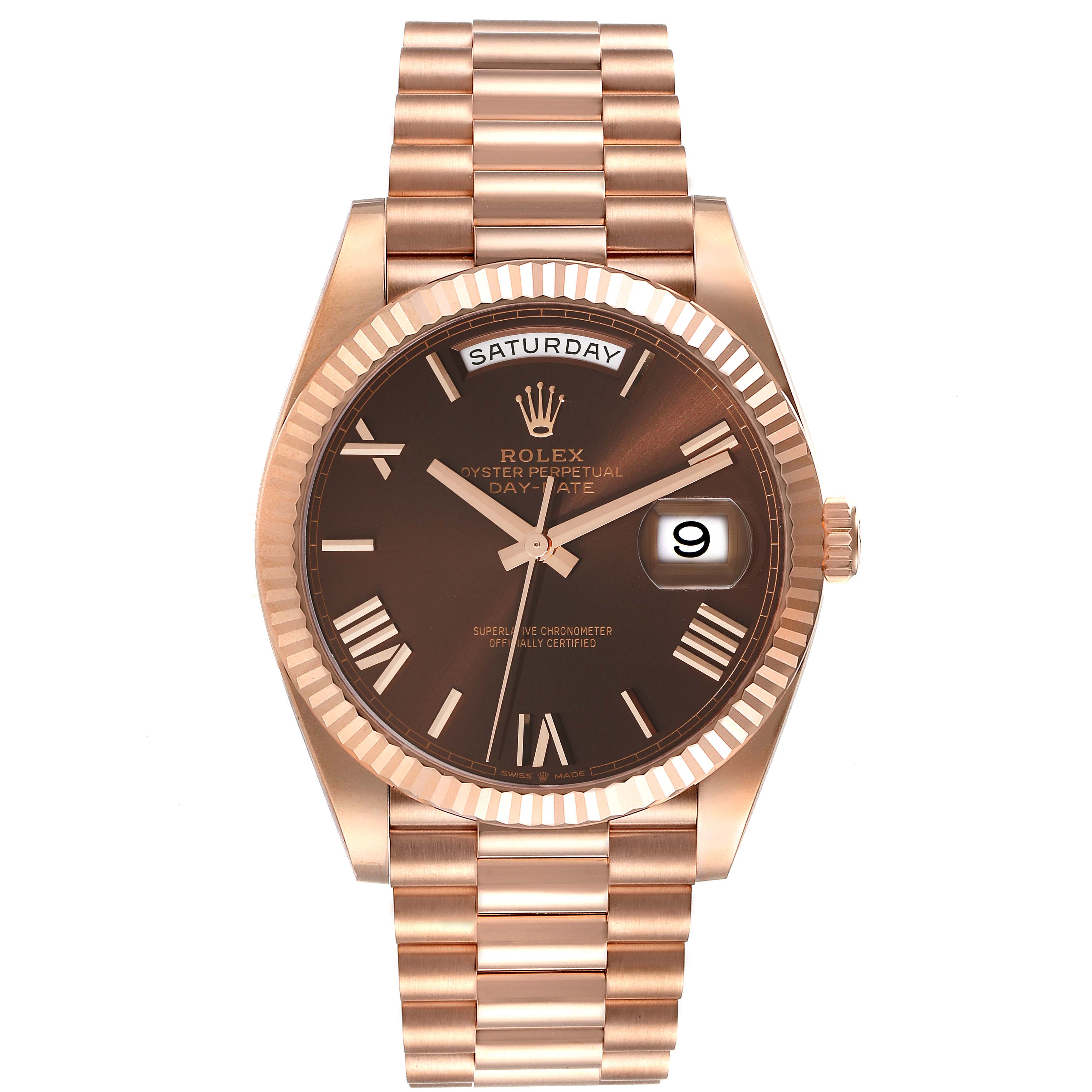The Rolex President 228235 Men
s Rose Gold Brown Dial 228235 Men
s Rose Gold Brown Dial model is shown from the front, displaying the dial, fluted bezel, bracelet, day, and date features.