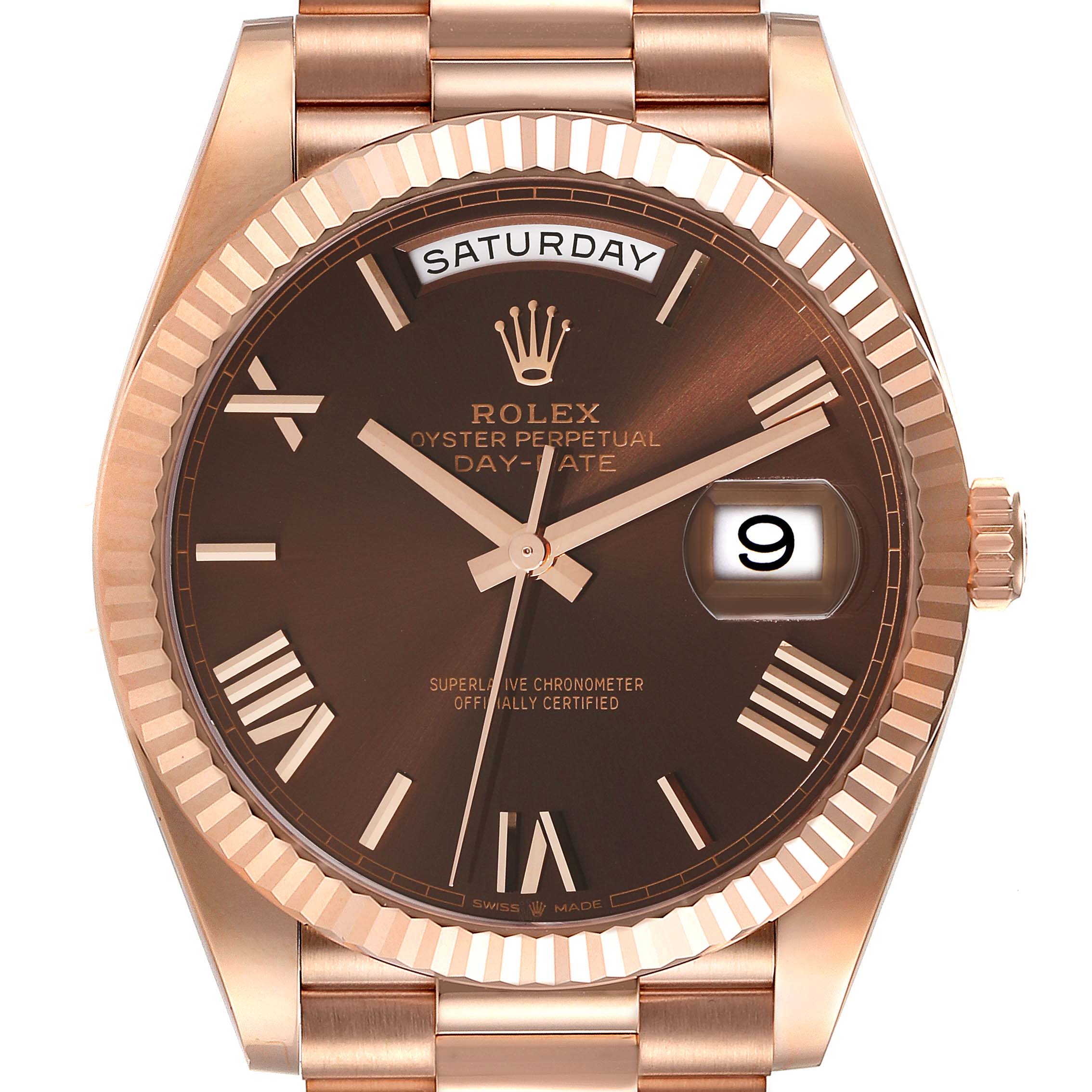 The Rolex President 228235 Men
s Rose Gold Brown Dial 228235 Men
s Rose Gold Brown Dial model watch is shown from a front angle, highlighting its dial, day, and date features.