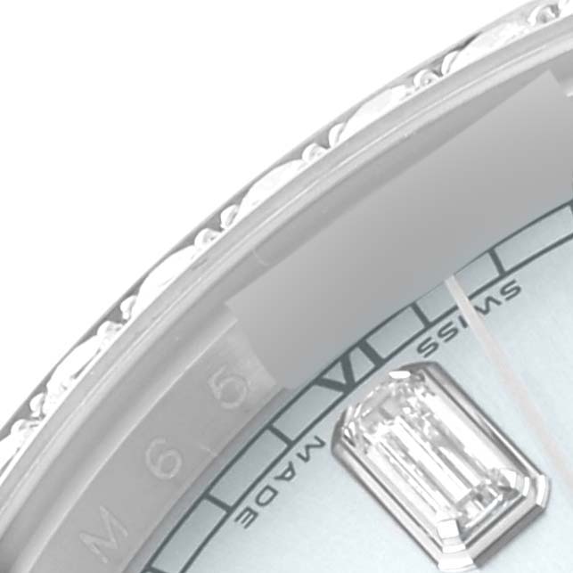 The image shows a close-up of the dial, bezel, and part of an hour marker of a Rolex President 118346 Men's Platinum Silver Dial 118346 Men's Platinum Silver Dial watch.