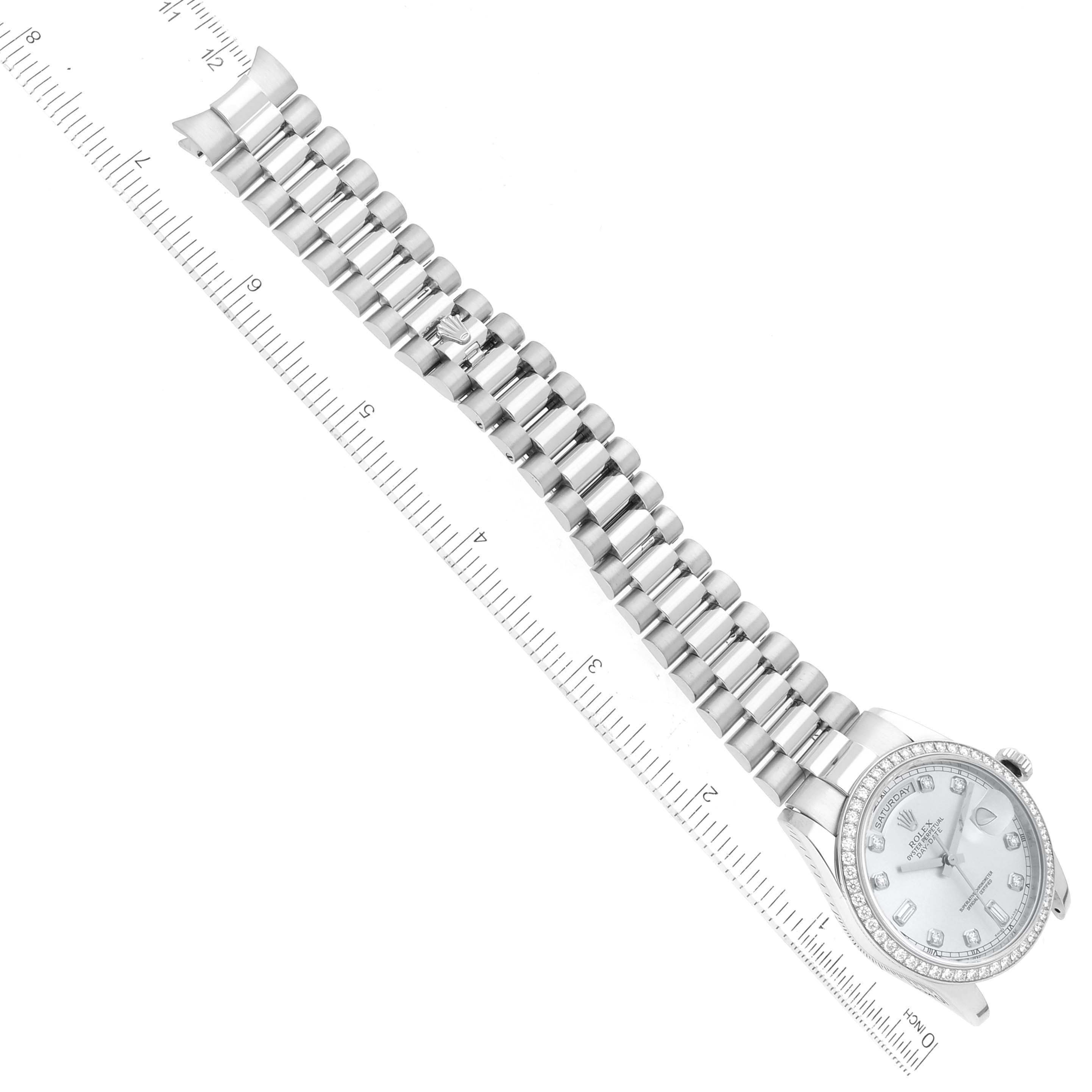 The image shows a top-down view of a Rolex President 118346 Men's Platinum Silver Dial 118346 Men's Platinum Silver Dial model watch with a focus on the band and face.