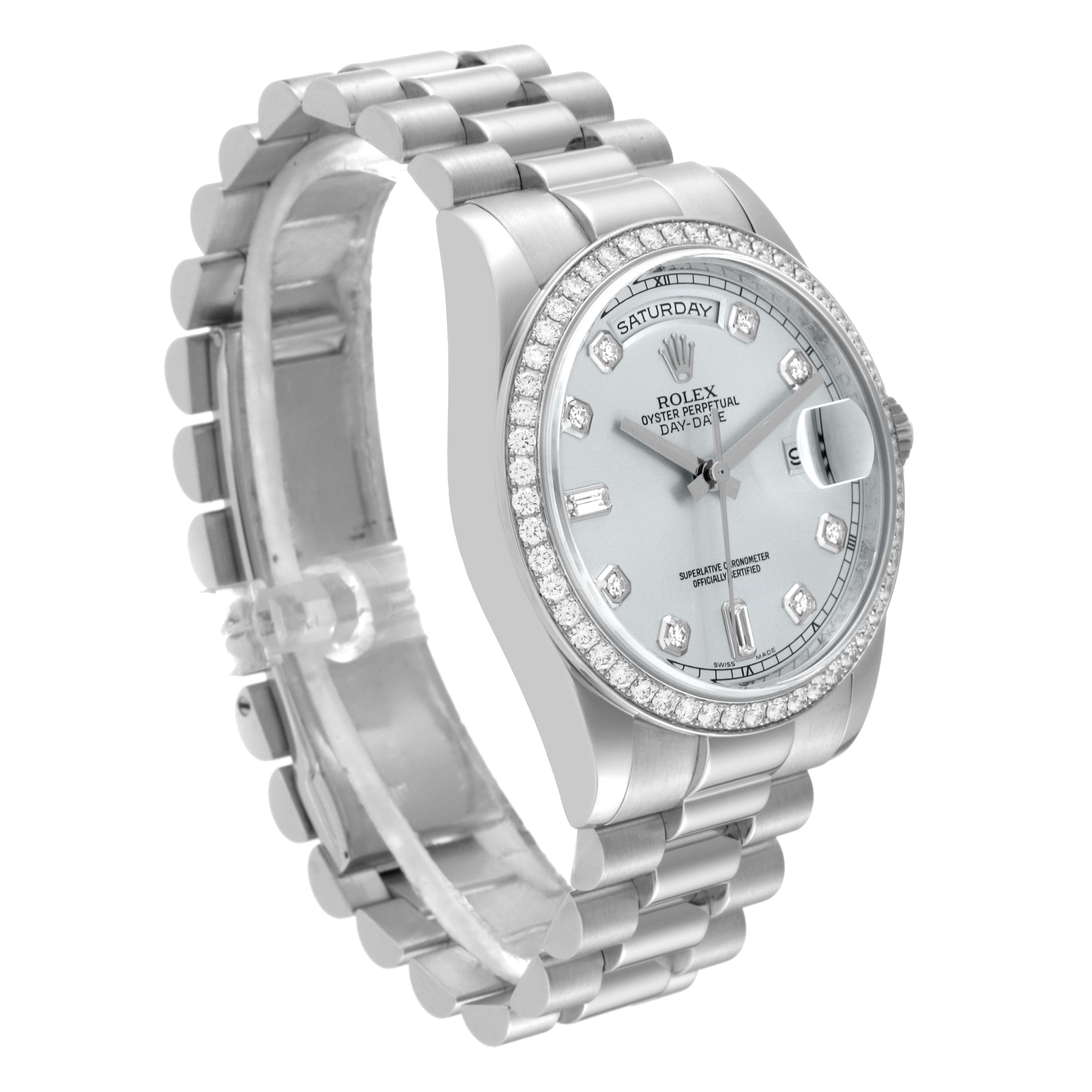 The image shows a Rolex President 118346 Men's Platinum Silver Dial 118346 Men's Platinum Silver Dial model watch from an angle highlighting its bracelet, face, and diamond-encrusted bezel.