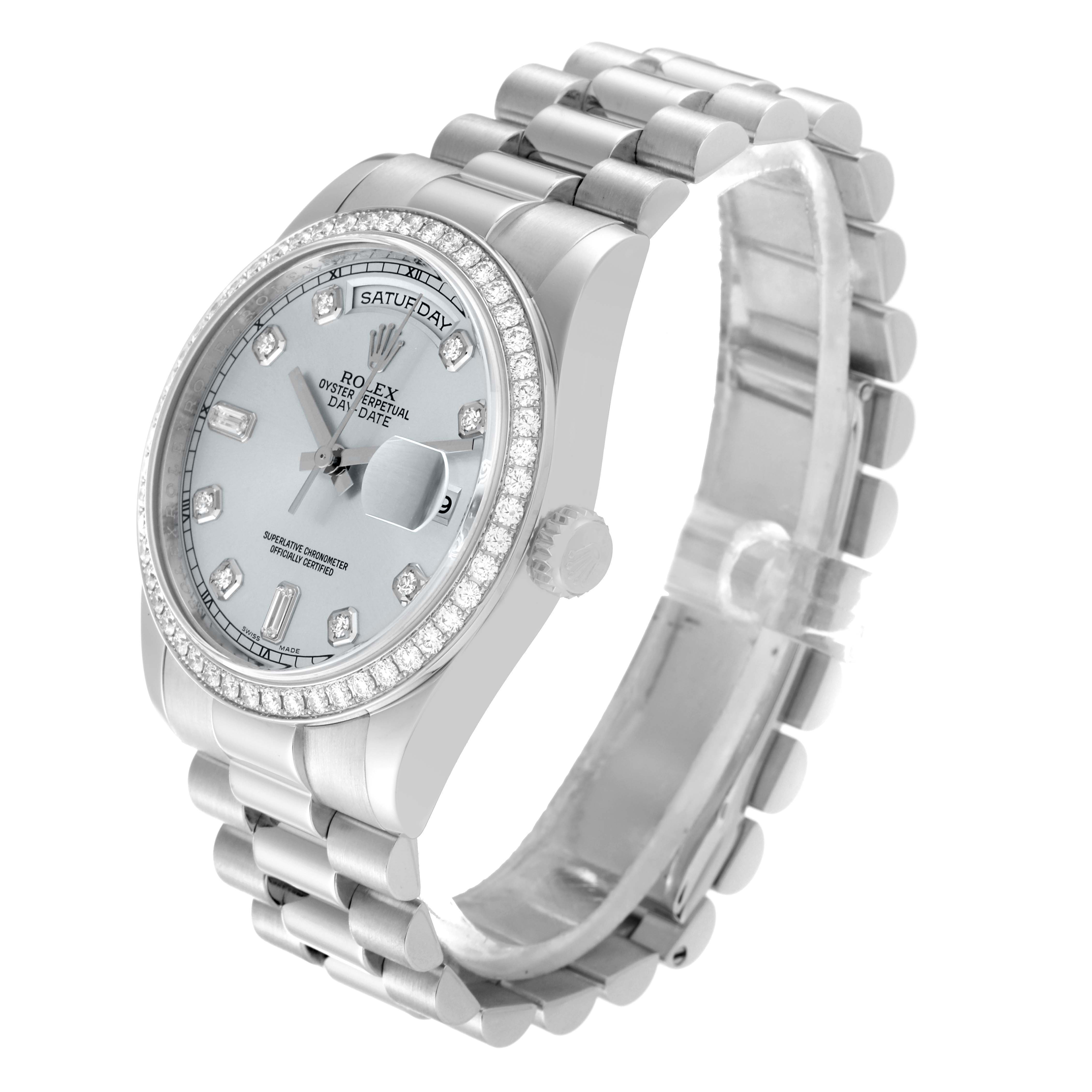 The image shows a side view of the Rolex President 118346 Men's Platinum Silver Dial 118346 Men's Platinum Silver Dial model watch, displaying the dial, bezel, bracelet, and crown.