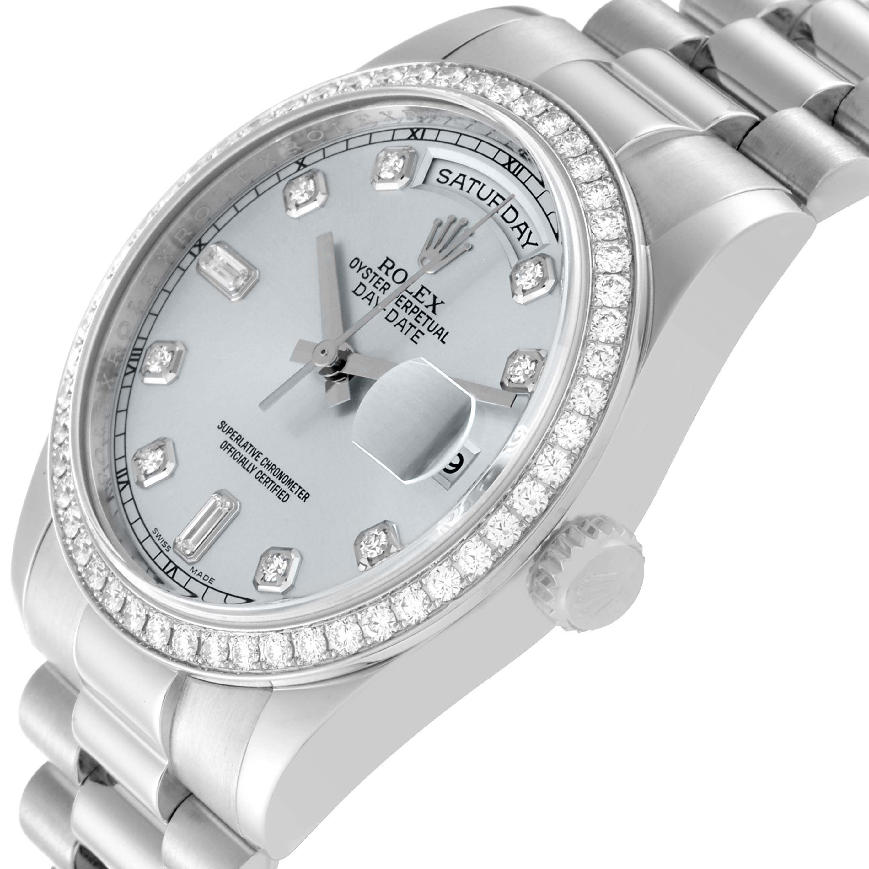 The image shows a Rolex President 118346 Men's Platinum Silver Dial 118346 Men's Platinum Silver Dial model watch from a side angle, highlighting the bezel, crown, dial, and part of the bracelet.