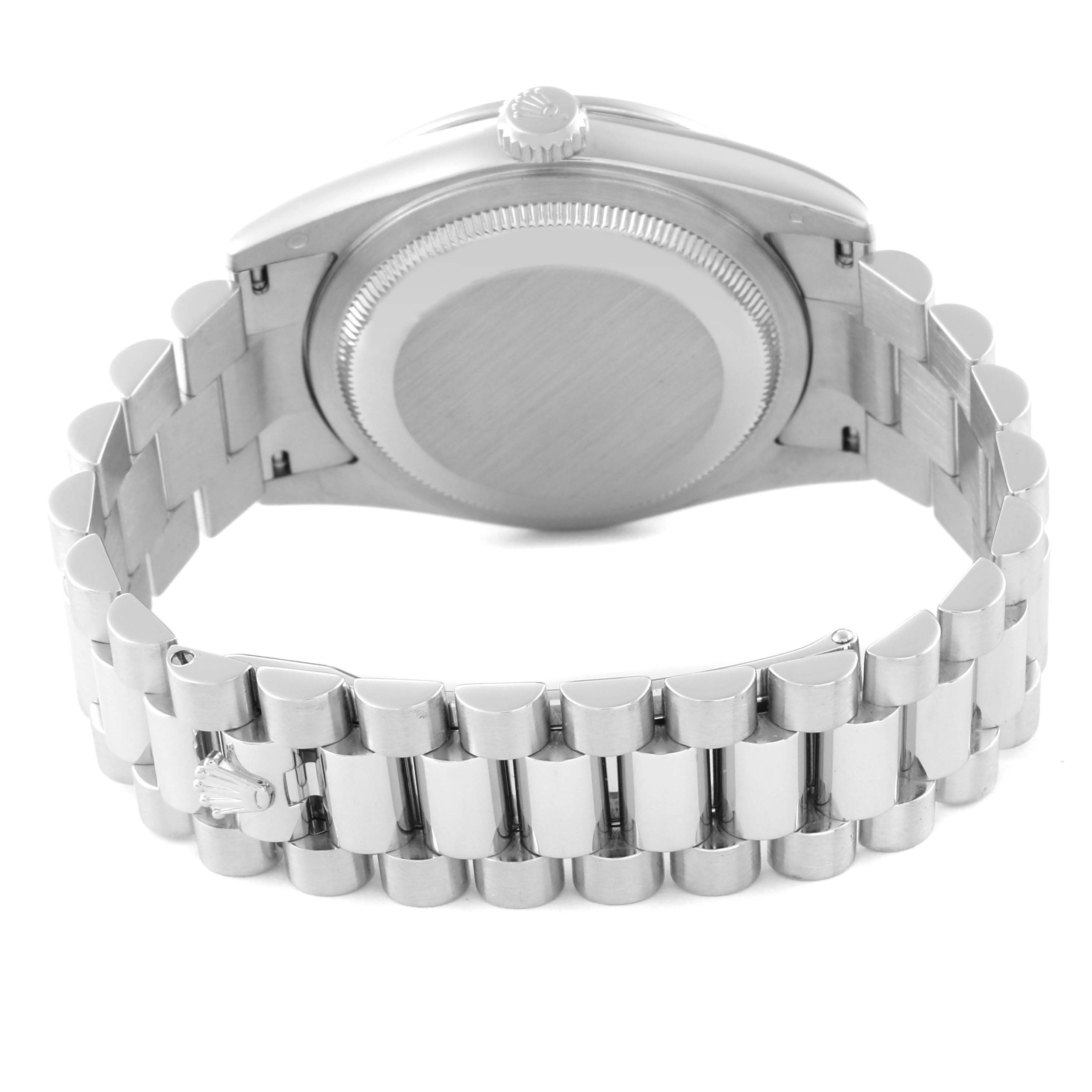This image shows the back case and bracelet of the Rolex President 118346 Men's Platinum Silver Dial 118346 Men's Platinum Silver Dial model watch from a rear angle.
