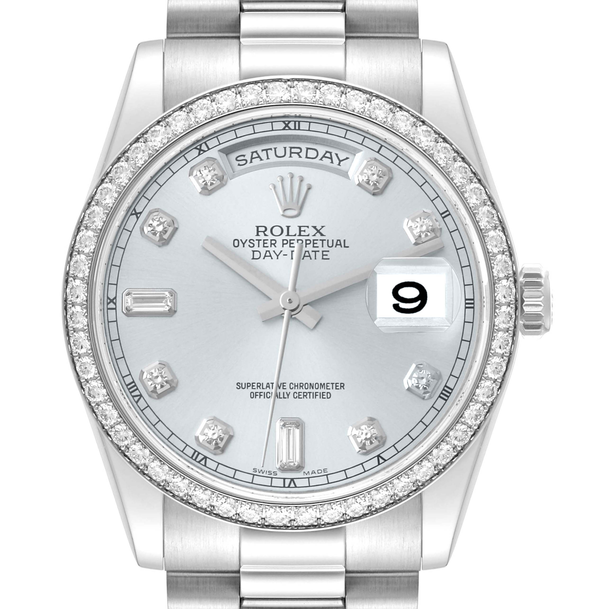 This is a front view of the Rolex President 118346 Men's Platinum Silver Dial 118346 Men's Platinum Silver Dial model watch, showing the dial, bezel, crown, and part of the bracelet.