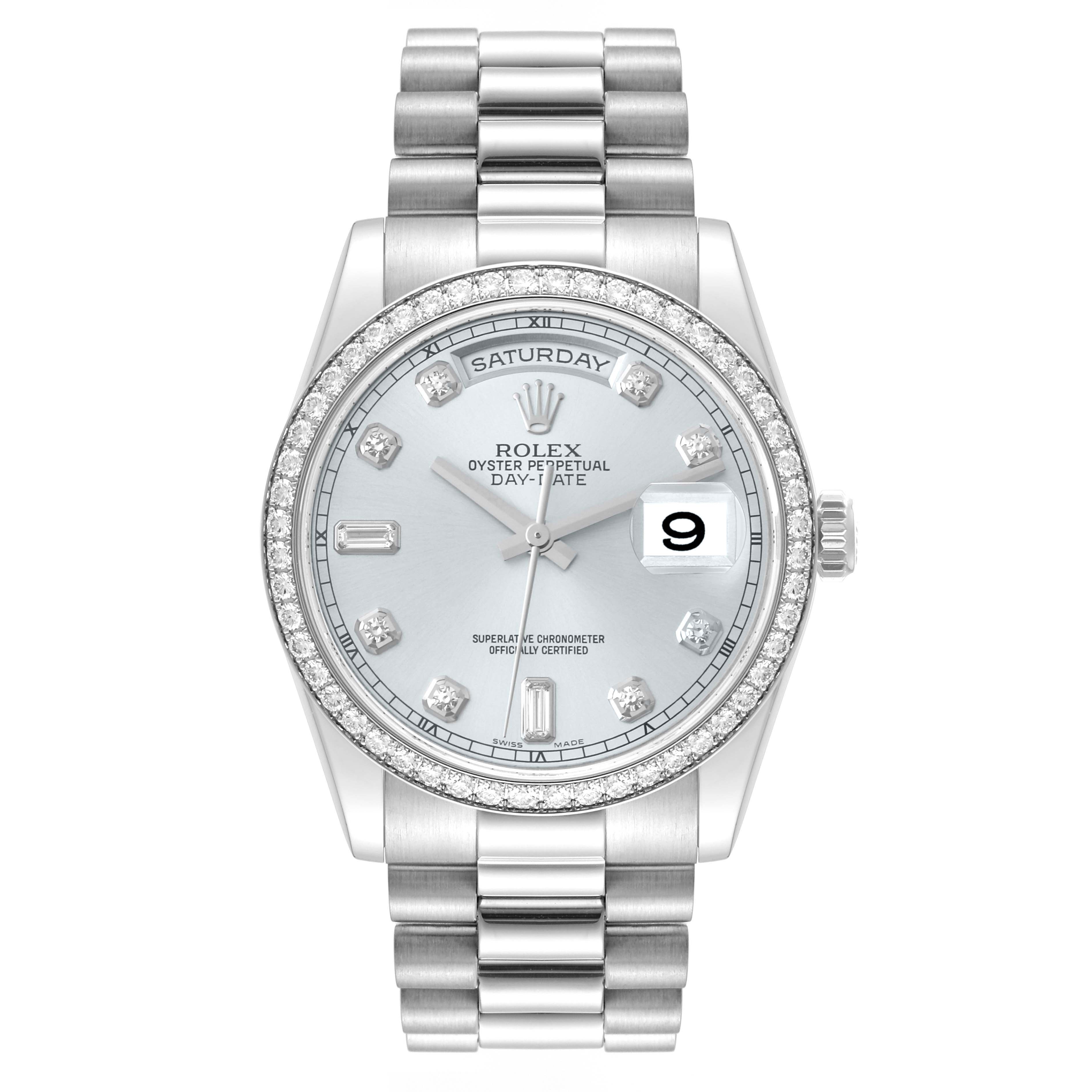 The image shows a front view of a Rolex President 118346 Men's Platinum Silver Dial 118346 Men's Platinum Silver Dial model watch, highlighting the dial, bezel, bracelet, and crown.