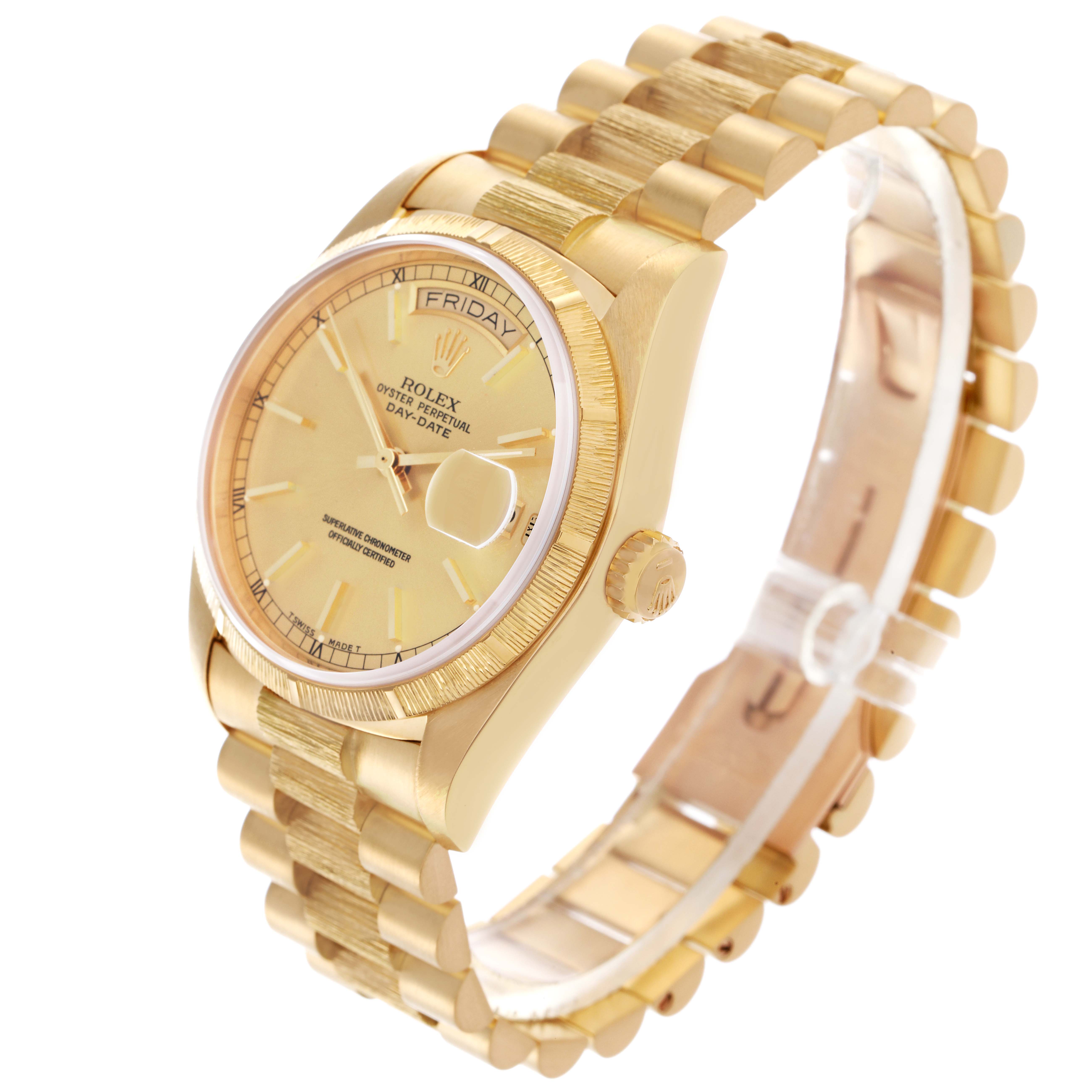 The Rolex President 18078 Men
s Yellow Gold Champagne Dial 18078 Men
s Yellow Gold Champagne Dial model is shown at an angled view, highlighting its dial, bezel, bracelet, and crown.