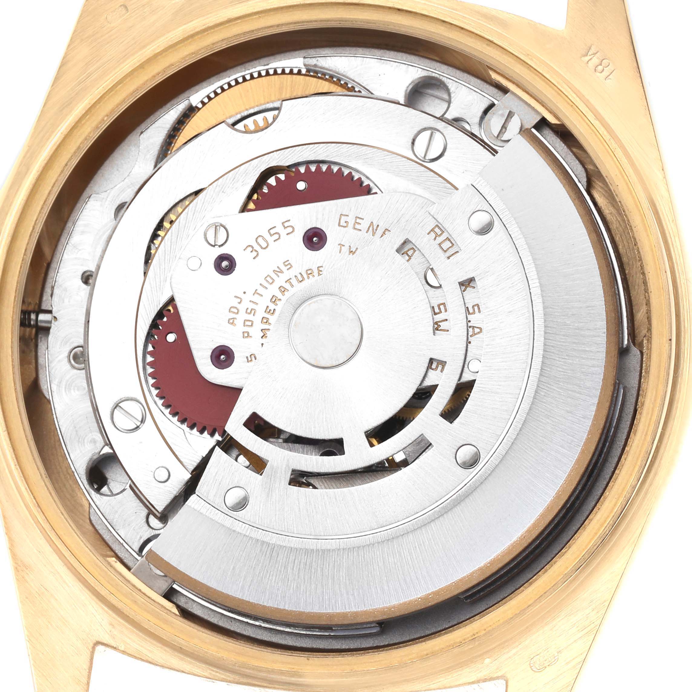 This image shows the Rolex President 18078 Men
s Yellow Gold Champagne Dial 18078 Men
s Yellow Gold Champagne Dial model from the back, highlighting its mechanical movement components.