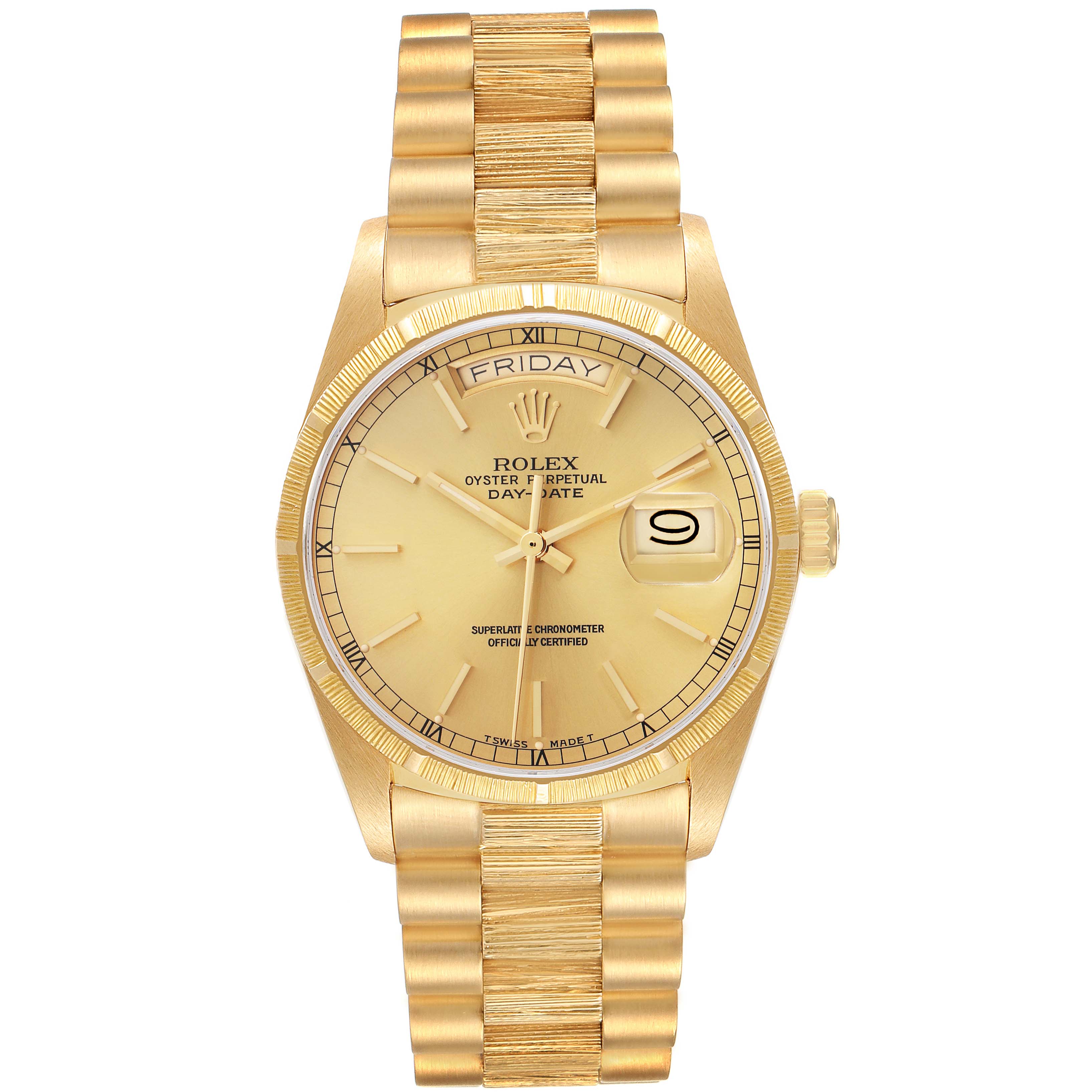The Rolex President 18078 Men
s Yellow Gold Champagne Dial 18078 Men
s Yellow Gold Champagne Dial model watch is shown from a front angle, displaying its dial, bracelet, and crown.