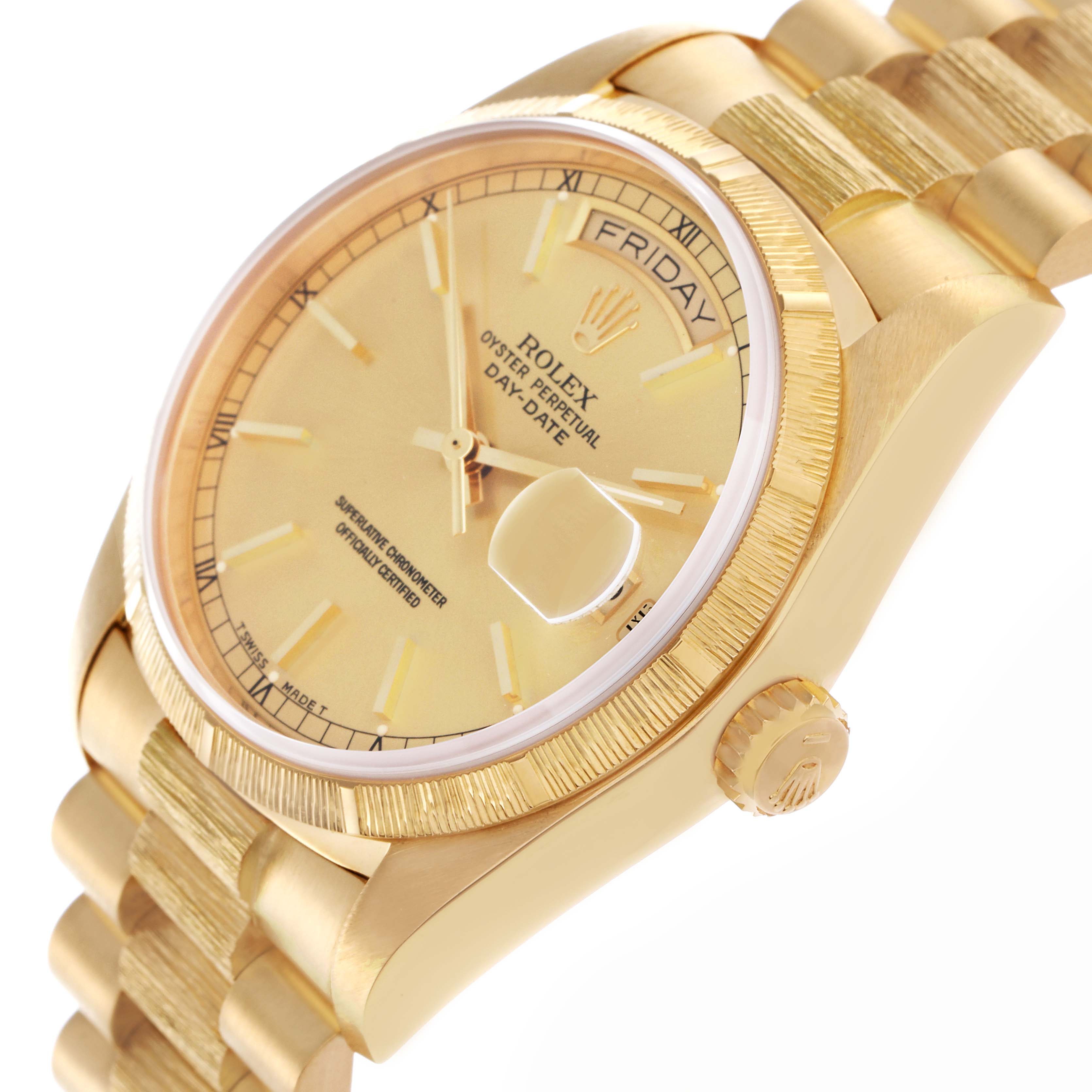 The Rolex President 18078 Men
s Yellow Gold Champagne Dial 18078 Men
s Yellow Gold Champagne Dial model watch is shown at an angle highlighting the dial, bezel, crown, and part of the bracelet.