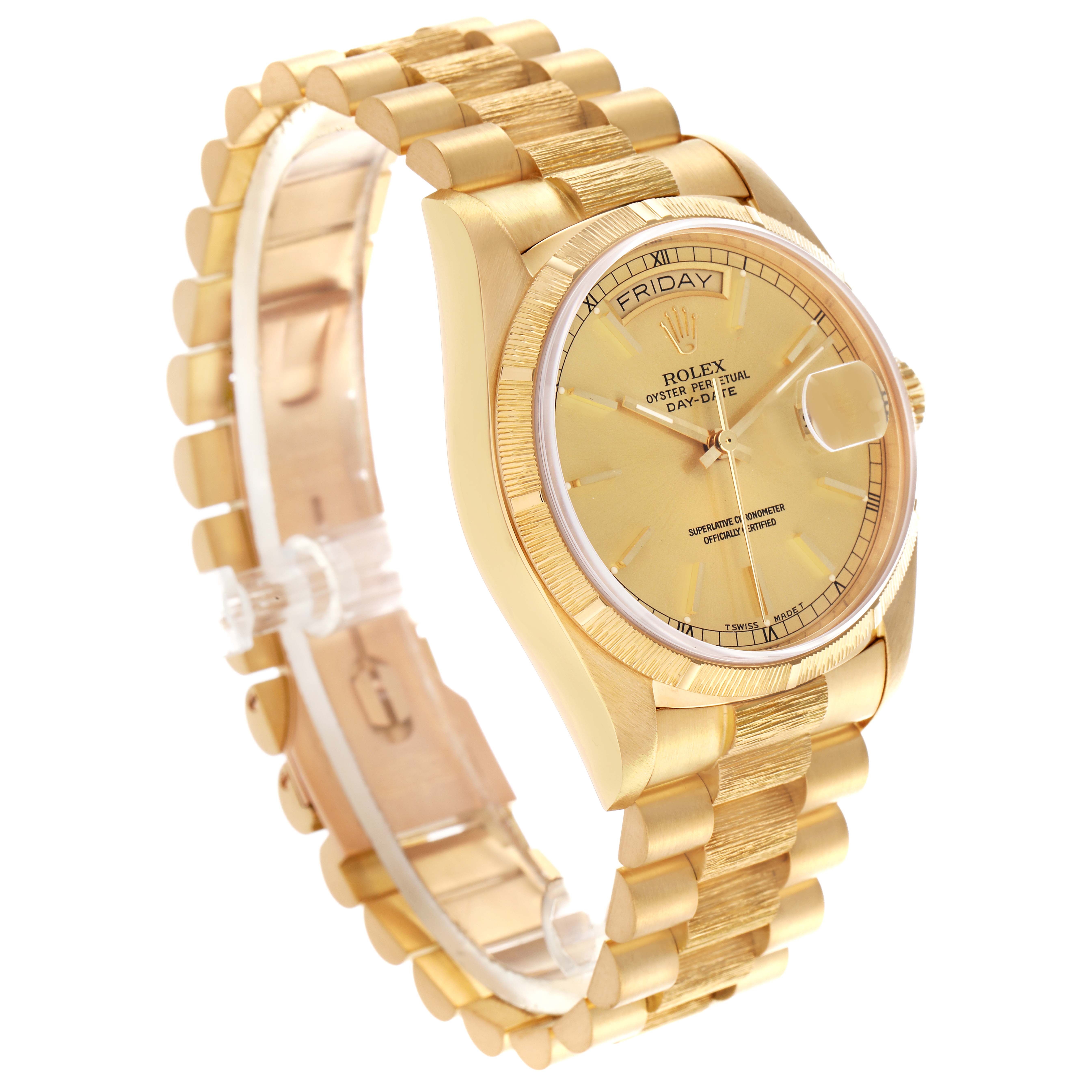 The Rolex President 18078 Men
s Yellow Gold Champagne Dial 18078 Men
s Yellow Gold Champagne Dial model watch is shown at a slight angle, highlighting the gold bracelet, case, and face details including the day and date.