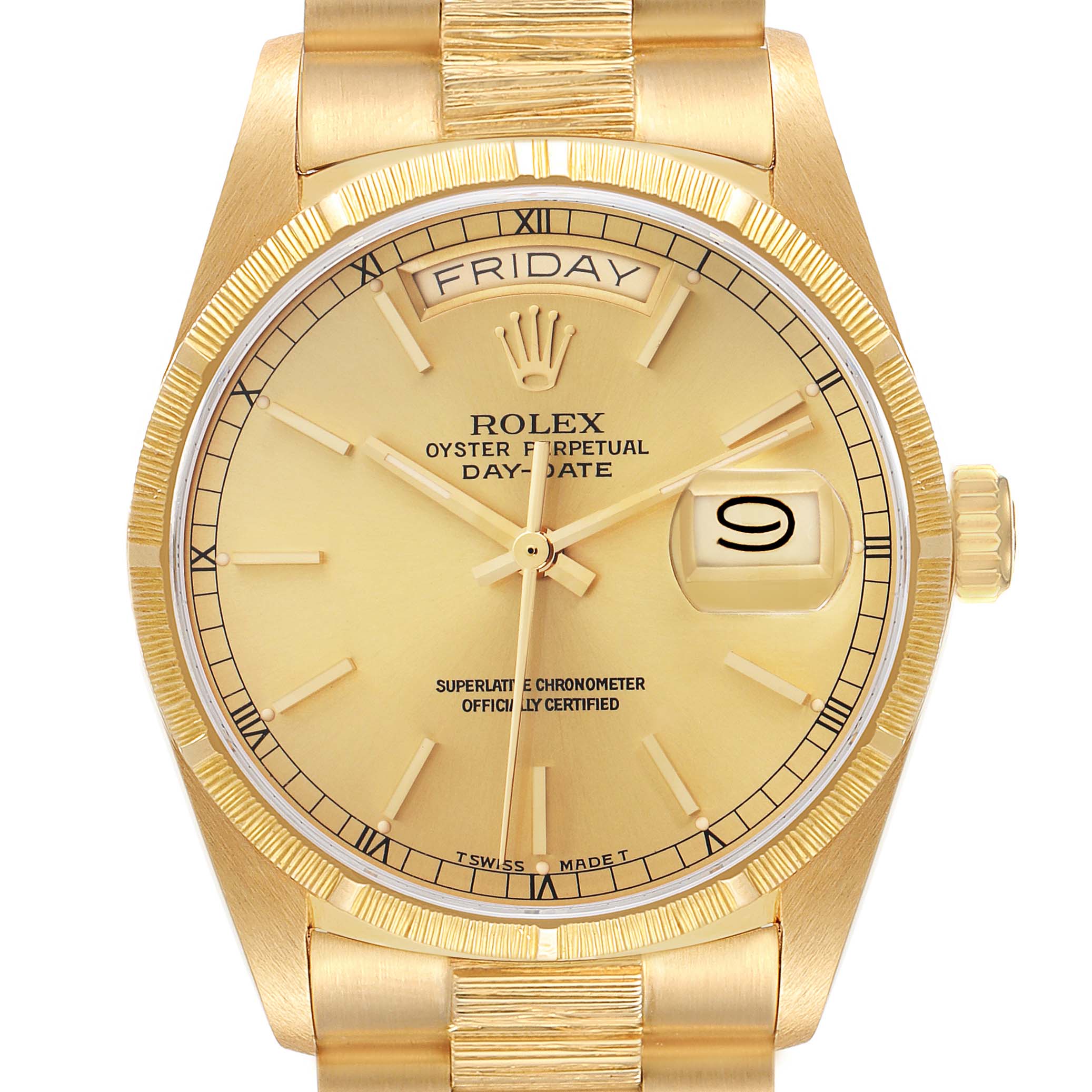 The Rolex President 18078 Men
s Yellow Gold Champagne Dial 18078 Men
s Yellow Gold Champagne Dial model is shown from a front angle, highlighting the yellow gold case, bracelet, and dial with day-date display.