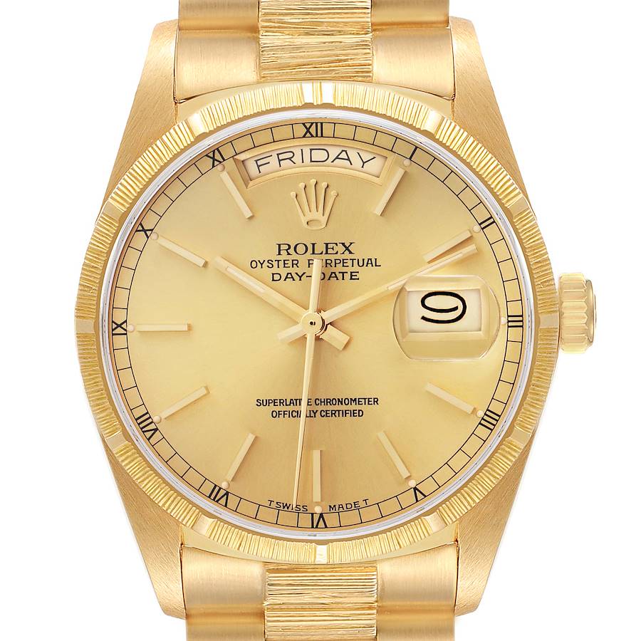 The Rolex President model is shown from a front angle, highlighting the yellow gold case, bracelet, and dial with day-date display.