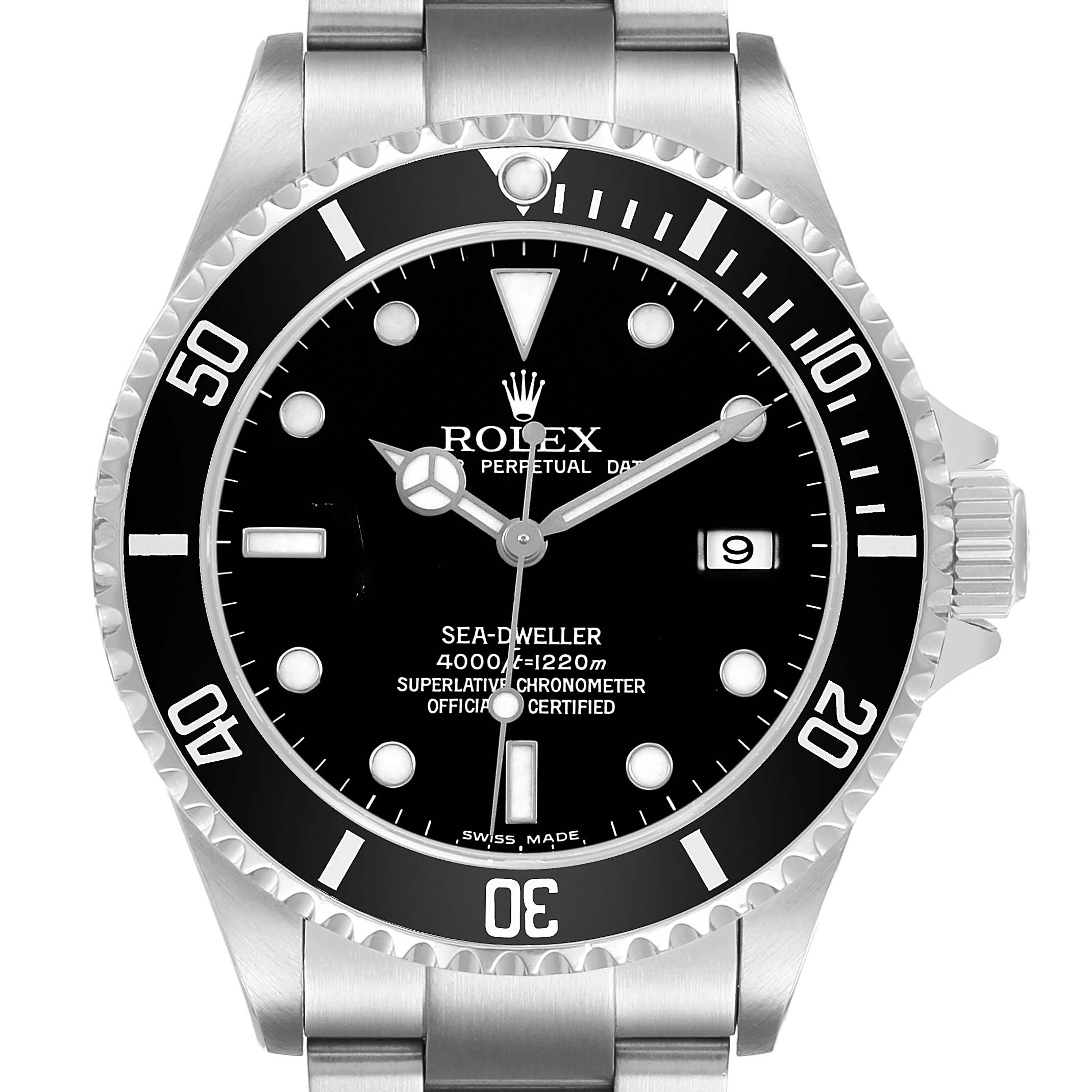The Rolex Sea-Dweller 16600 Men's Stainless Steel Black Dial watch is shown from the front, highlighting the dial, bezel, and part of the bracelet.