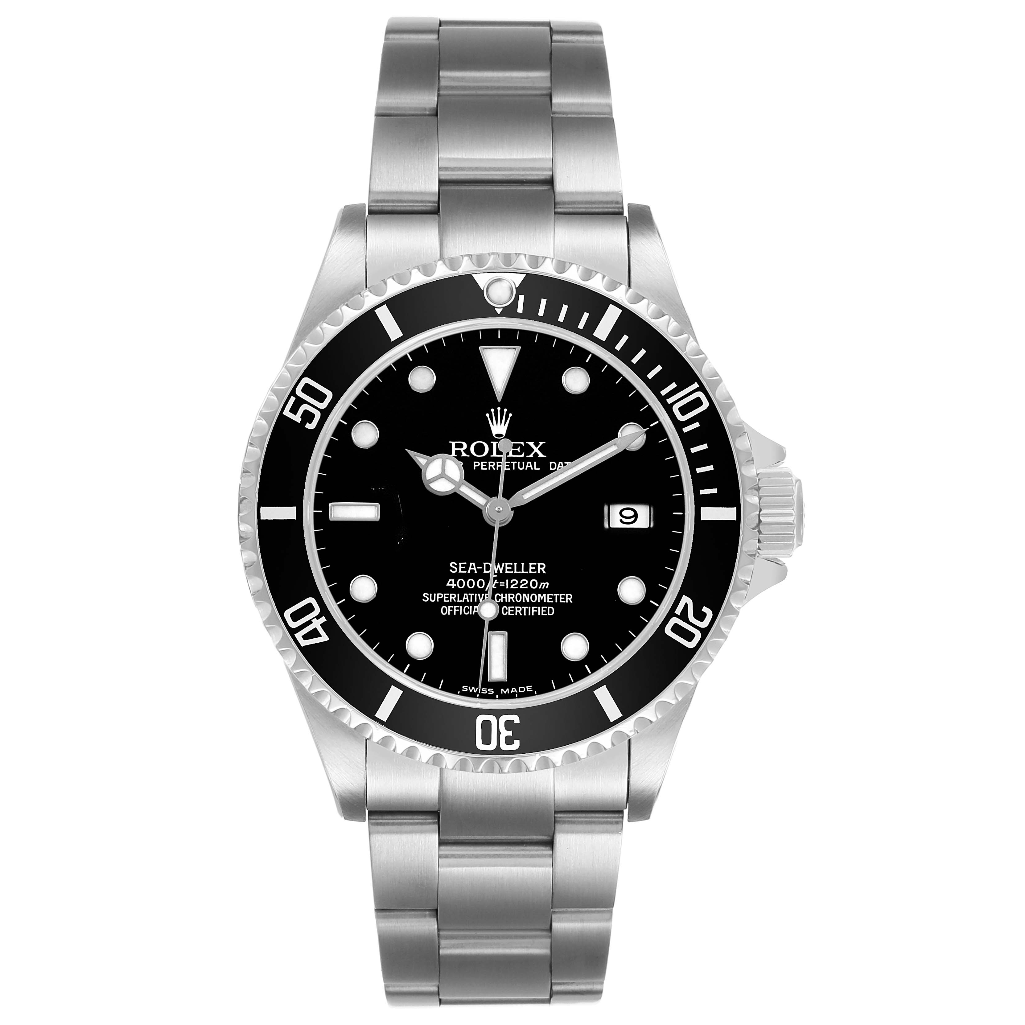 The Rolex Sea-Dweller 16600 Men's Stainless Steel Black Dial watch is shown front-facing, displaying its dial, bezel, bracelet, and crown.