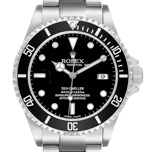 The image shows a front view of a Rolex Sea-Dweller 16600 Men's Stainless Steel Black Dial watch, highlighting the dial, bezel, crown, and bracelet.