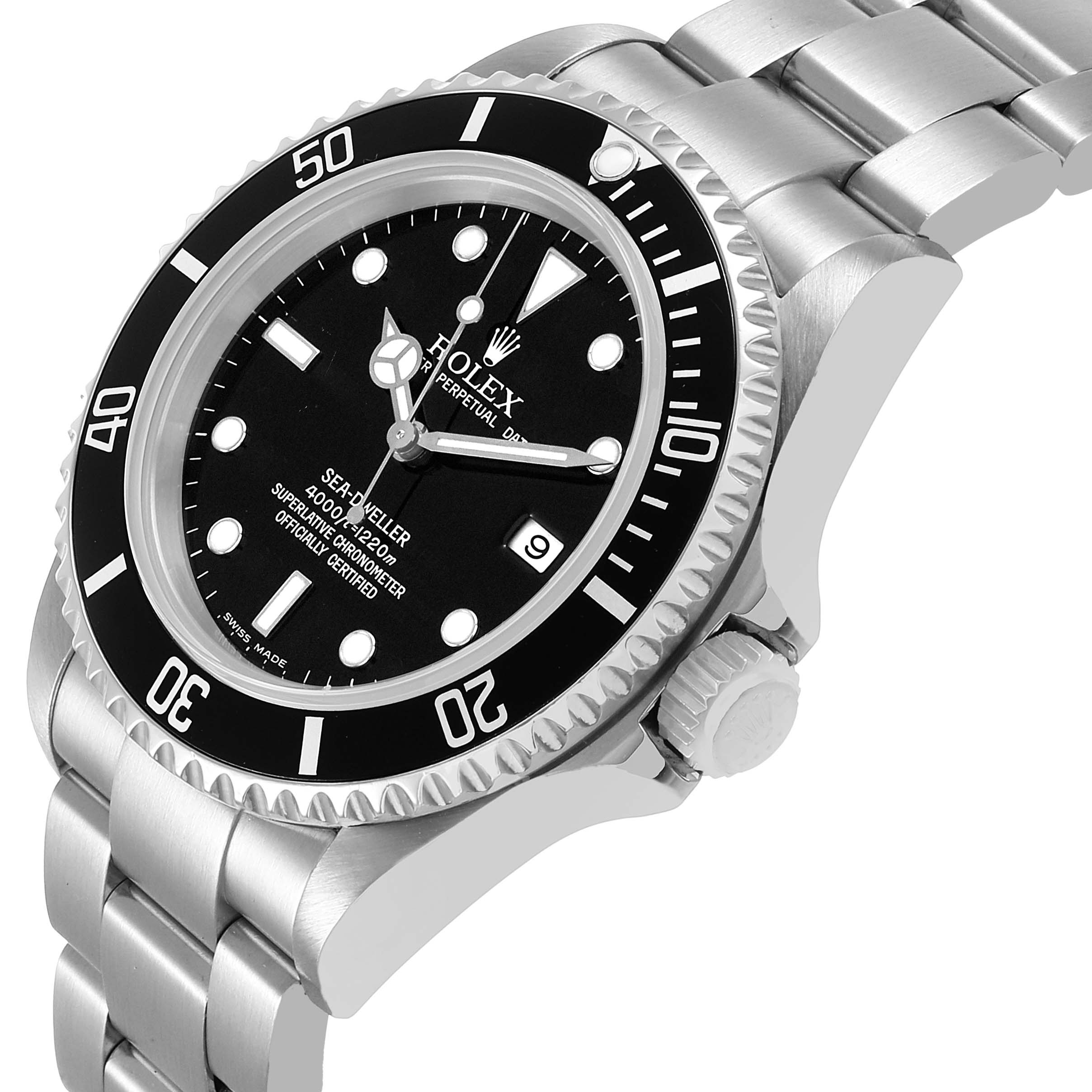 The Rolex Sea-Dweller 16600 Men's Stainless Steel Black Dial watch is shown from an angled side view, highlighting its dial, bezel, crown, and bracelet.