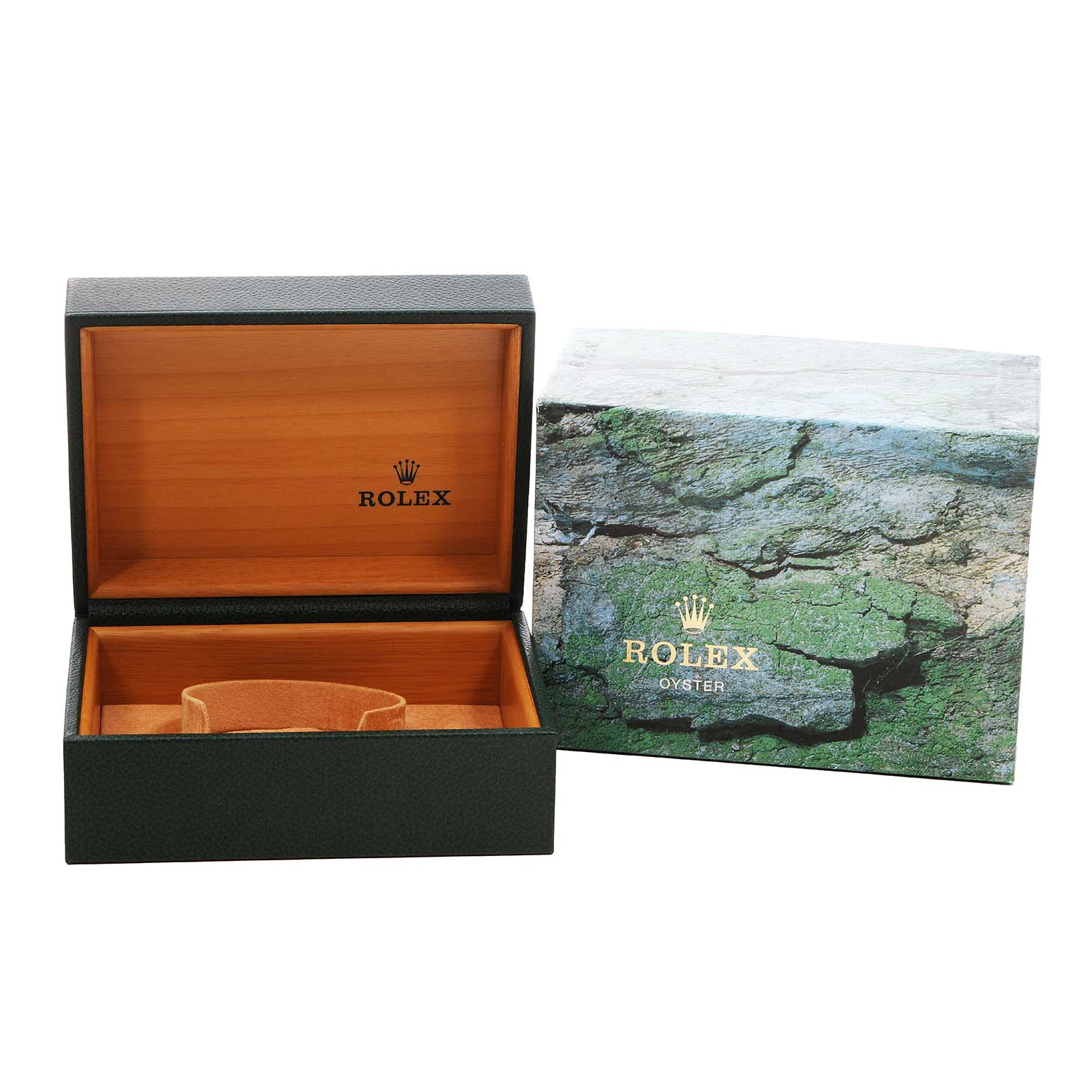 This image shows an open Rolex Sea-Dweller 16600 Men's Stainless Steel Black Dial watch box with a green textured outer box.