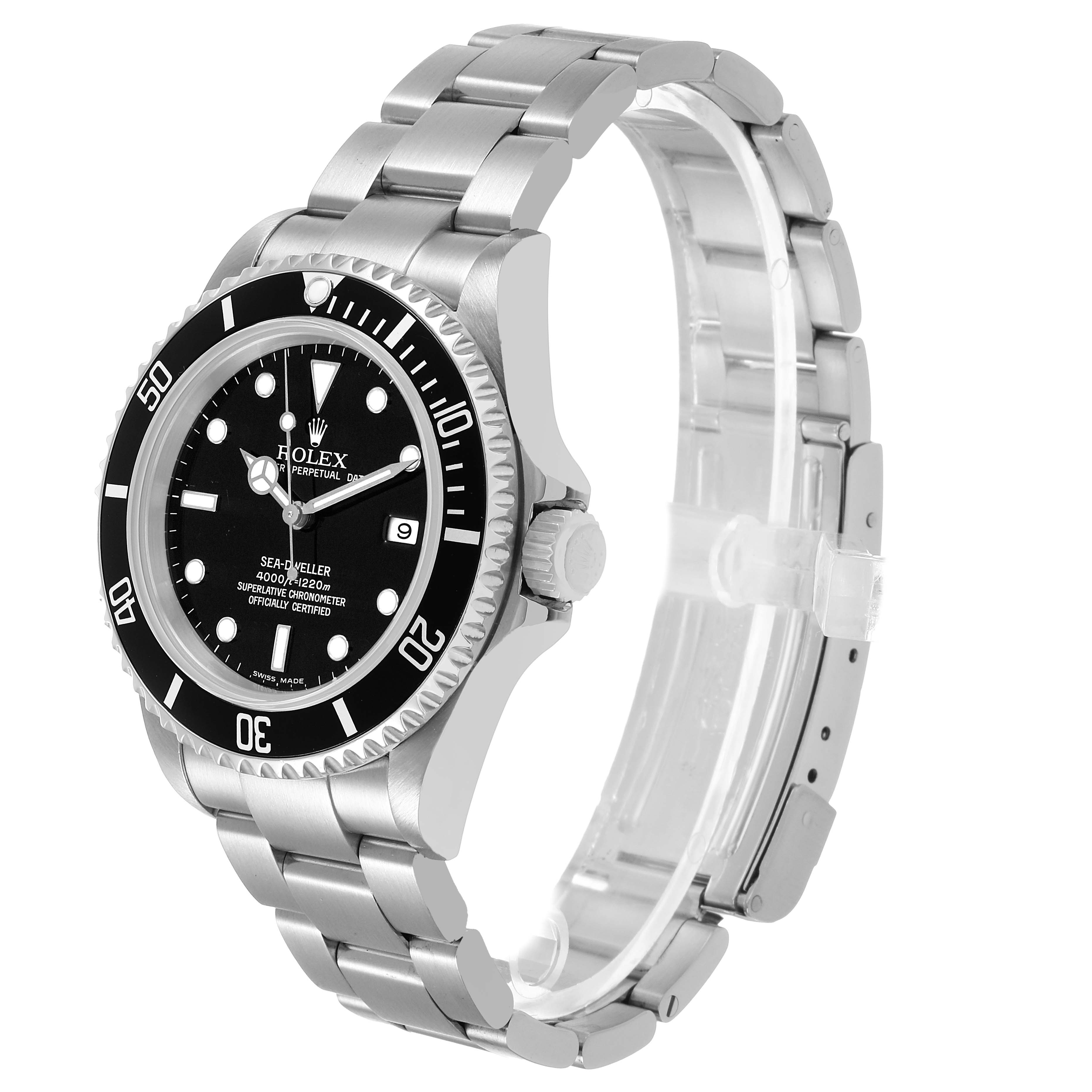 The Rolex Sea-Dweller 16600 Men's Stainless Steel Black Dial watch is shown at a slight angle, displaying the face, bezel, crown, and bracelet.