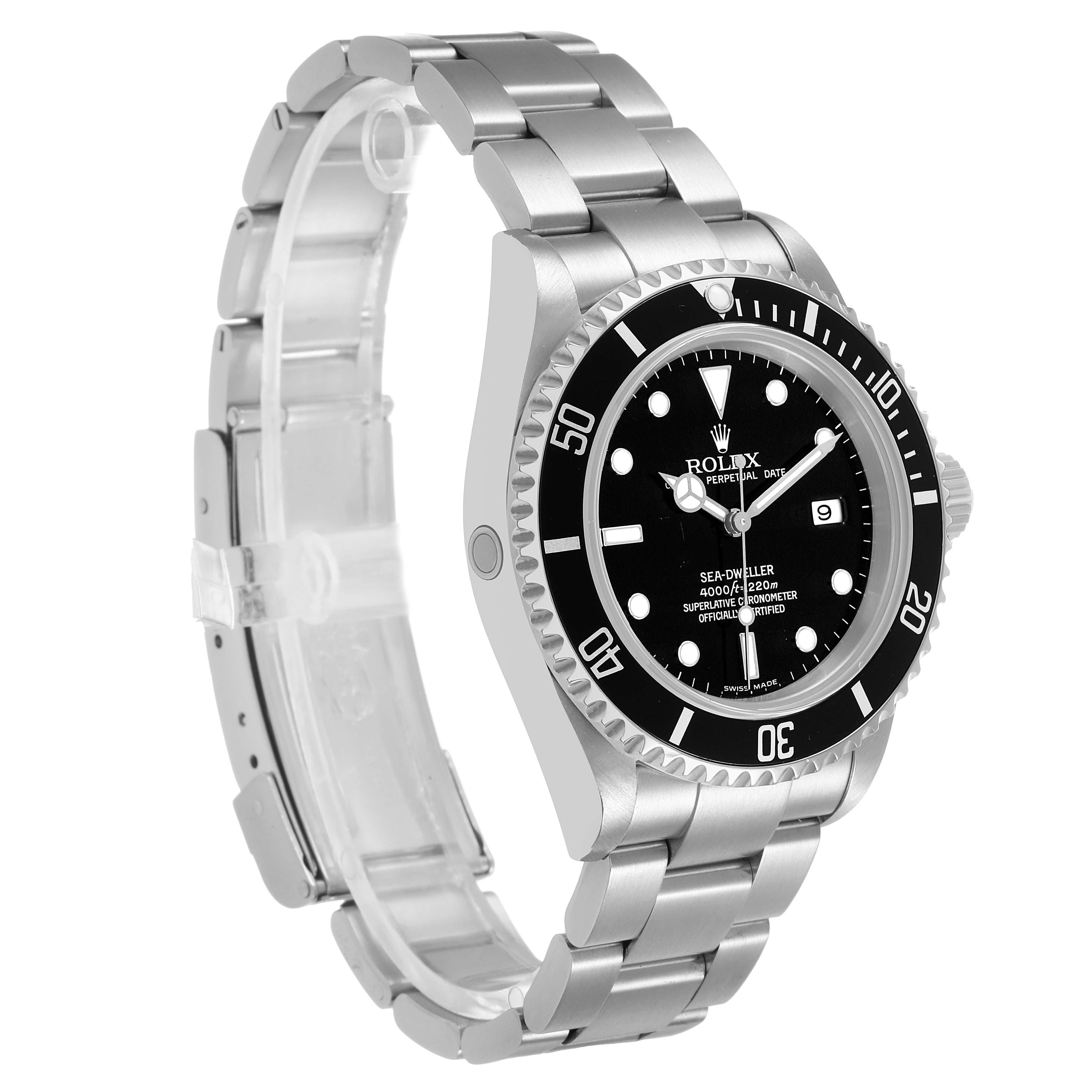 The Rolex Sea-Dweller 16600 Men's Stainless Steel Black Dial watch is shown in a side angle, displaying the bracelet, bezel, and watch face clearly.