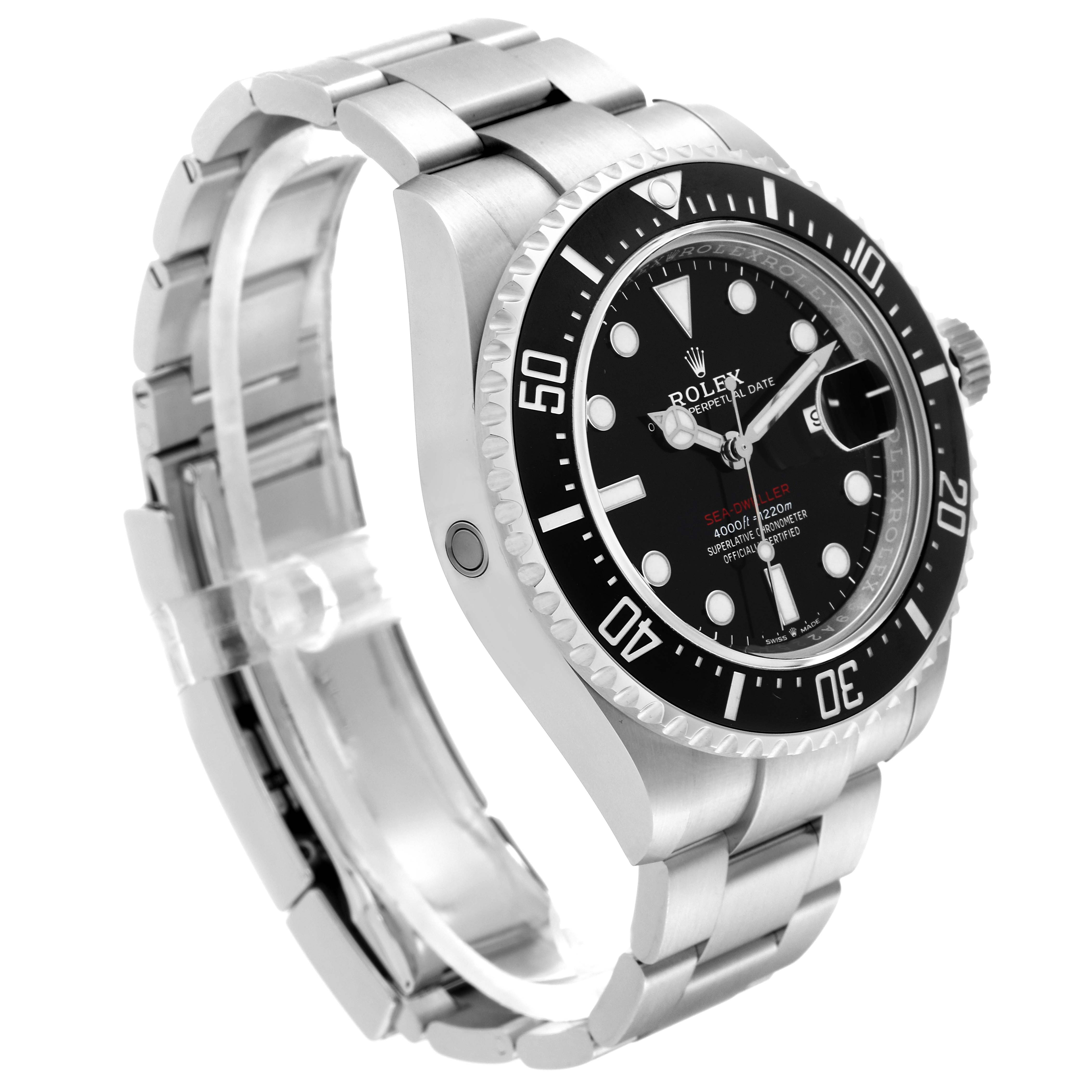 This image shows a side angle of the Rolex Sea-Dweller 126600 Men
s Stainless Steel Black Dial 126600 Men
s Stainless Steel Black Dial watch, highlighting the bracelet, case, bezel, and dial.