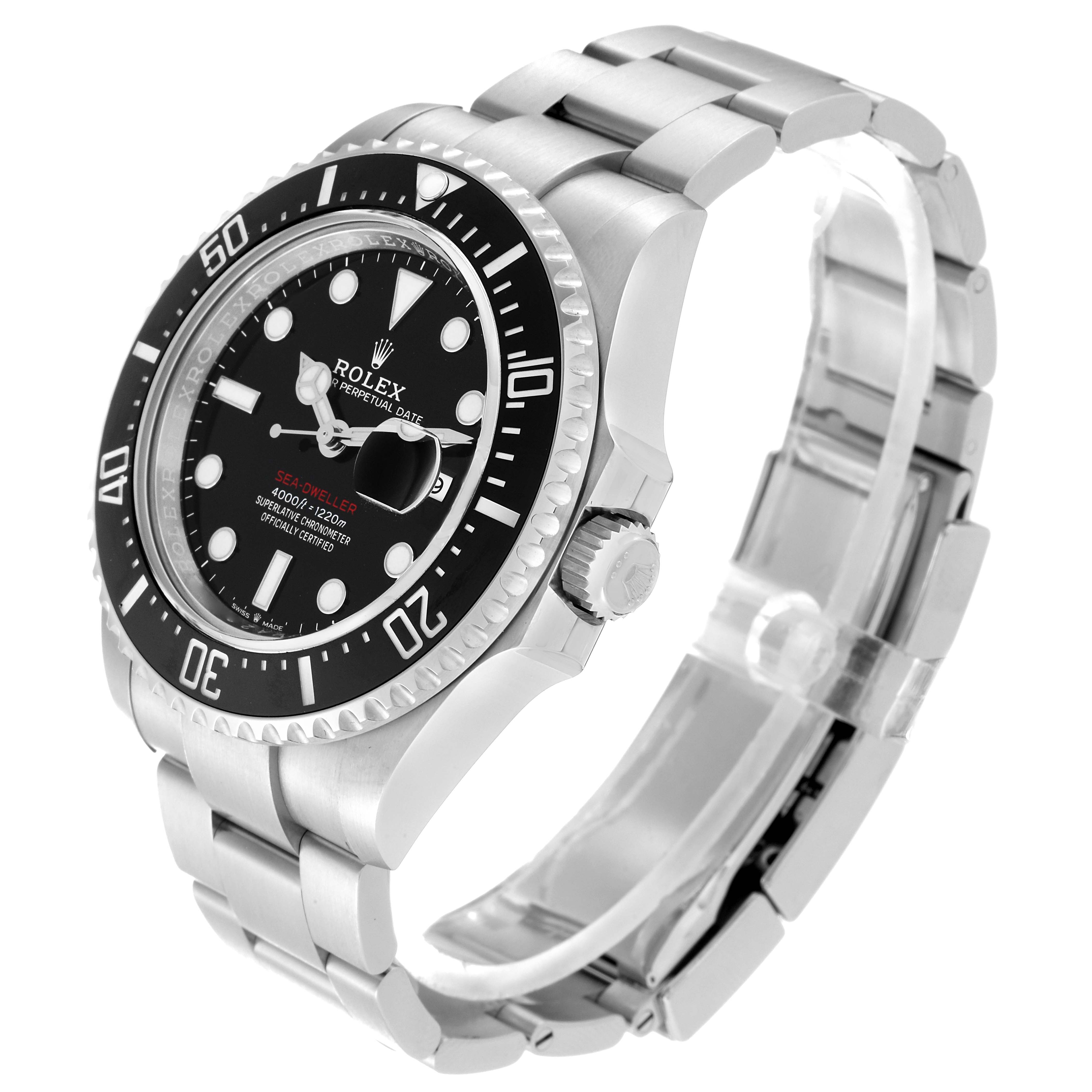 The image shows a Rolex Sea-Dweller 126600 Men
s Stainless Steel Black Dial 126600 Men
s Stainless Steel Black Dial watch at a slight angle, highlighting the dial, bezel, crown, and stainless steel bracelet.