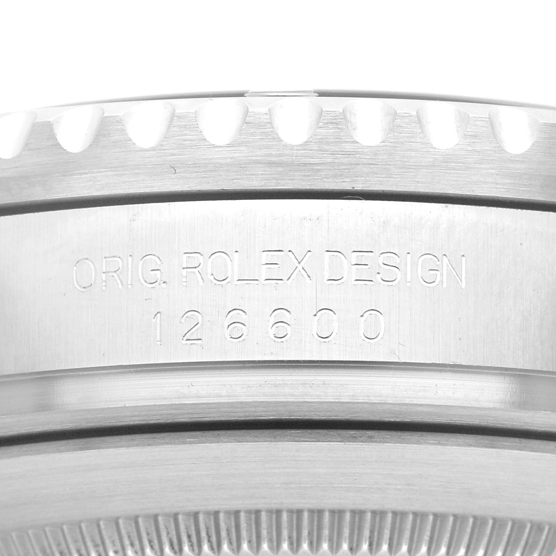 This image shows a close-up of the case back rim of a Rolex Sea-Dweller 126600 Men
s Stainless Steel Black Dial 126600 Men
s Stainless Steel Black Dial, featuring the model number 126600.
