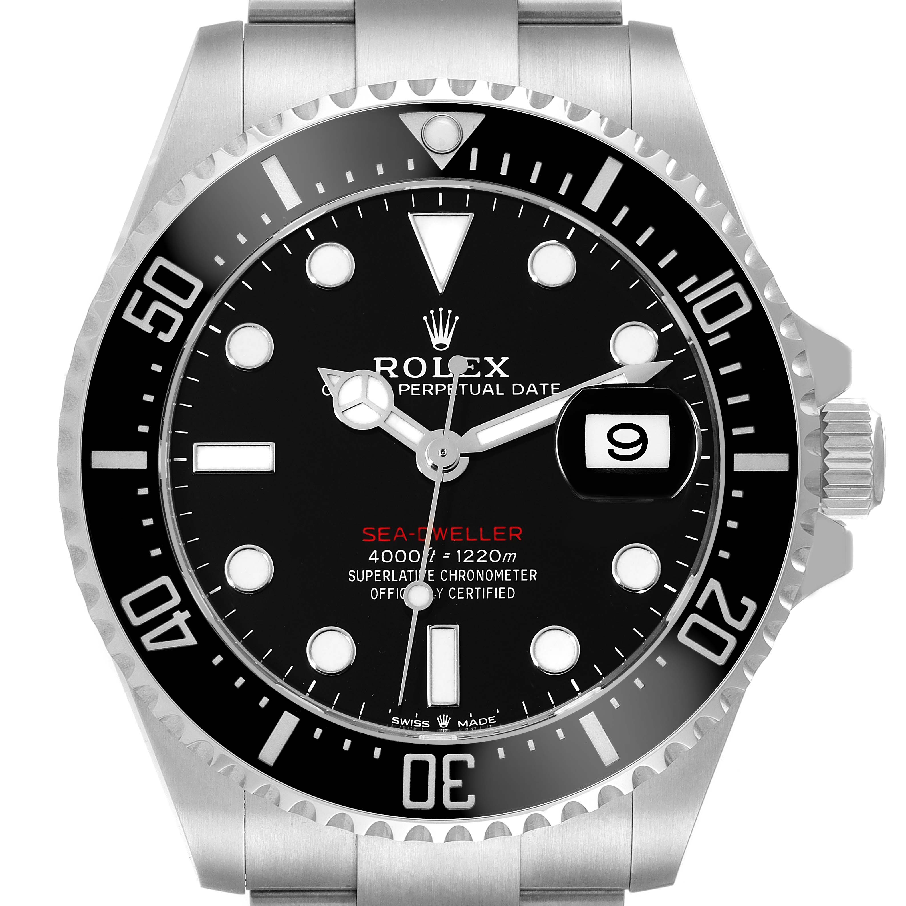The image displays a front view of the Rolex Sea-Dweller 126600 Men
s Stainless Steel Black Dial 126600 Men
s Stainless Steel Black Dial watch, showcasing its dial, bezel, and crown.
