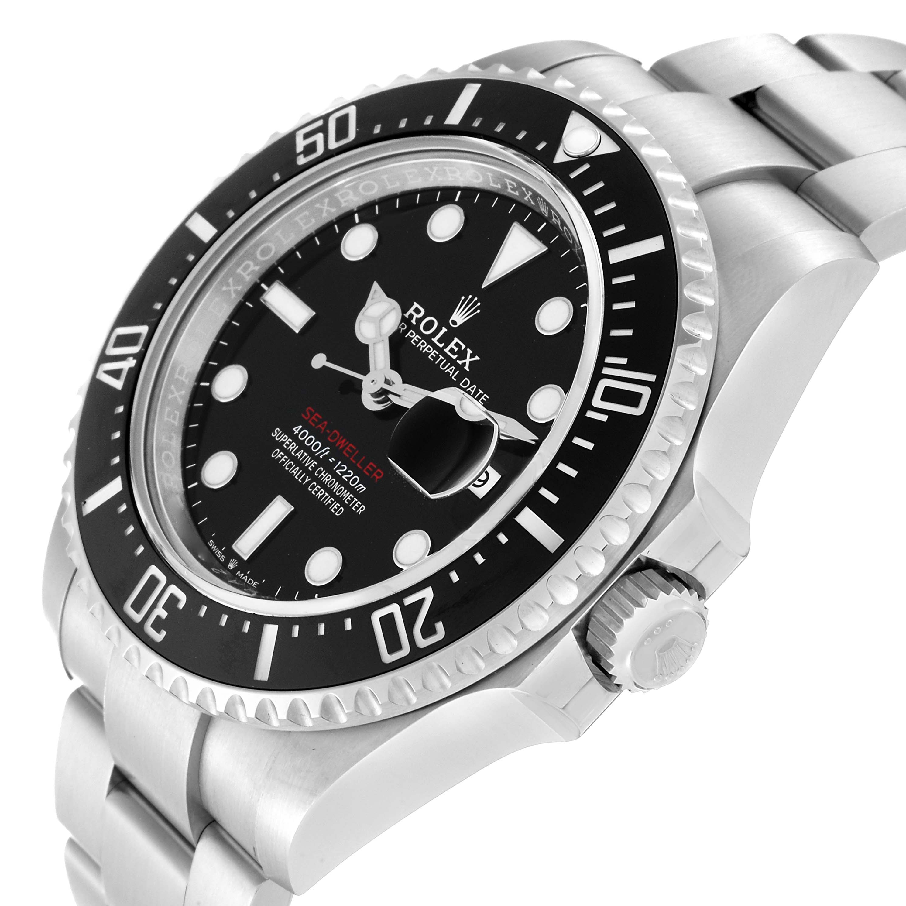 The image shows a close-up of the Rolex Sea-Dweller 126600 Men
s Stainless Steel Black Dial 126600 Men
s Stainless Steel Black Dial watch, highlighting the face, bezel, and part of the bracelet.