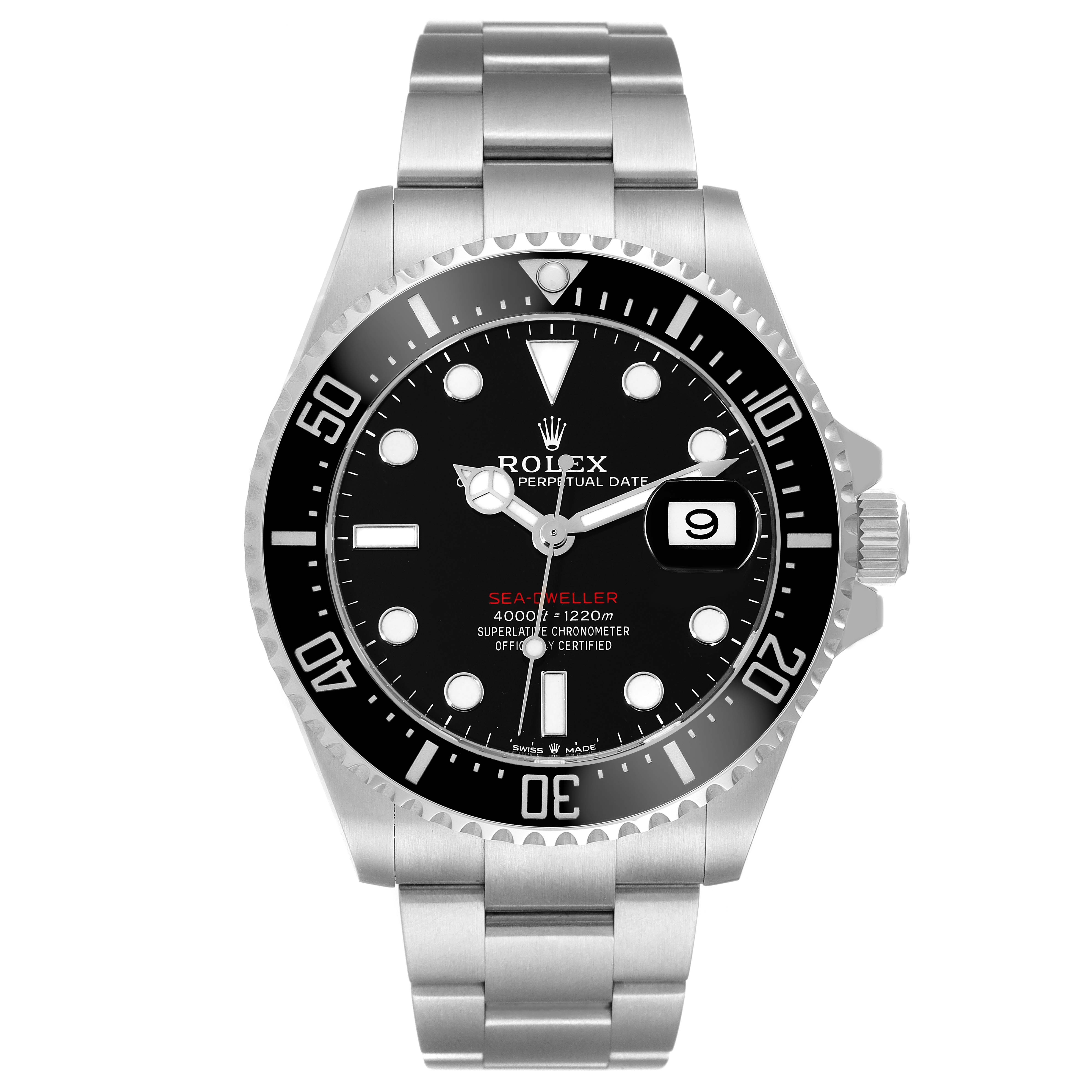 The image shows a front view of the Rolex Sea-Dweller 126600 Men
s Stainless Steel Black Dial 126600 Men
s Stainless Steel Black Dial watch, highlighting the dial, bezel, and bracelet.
