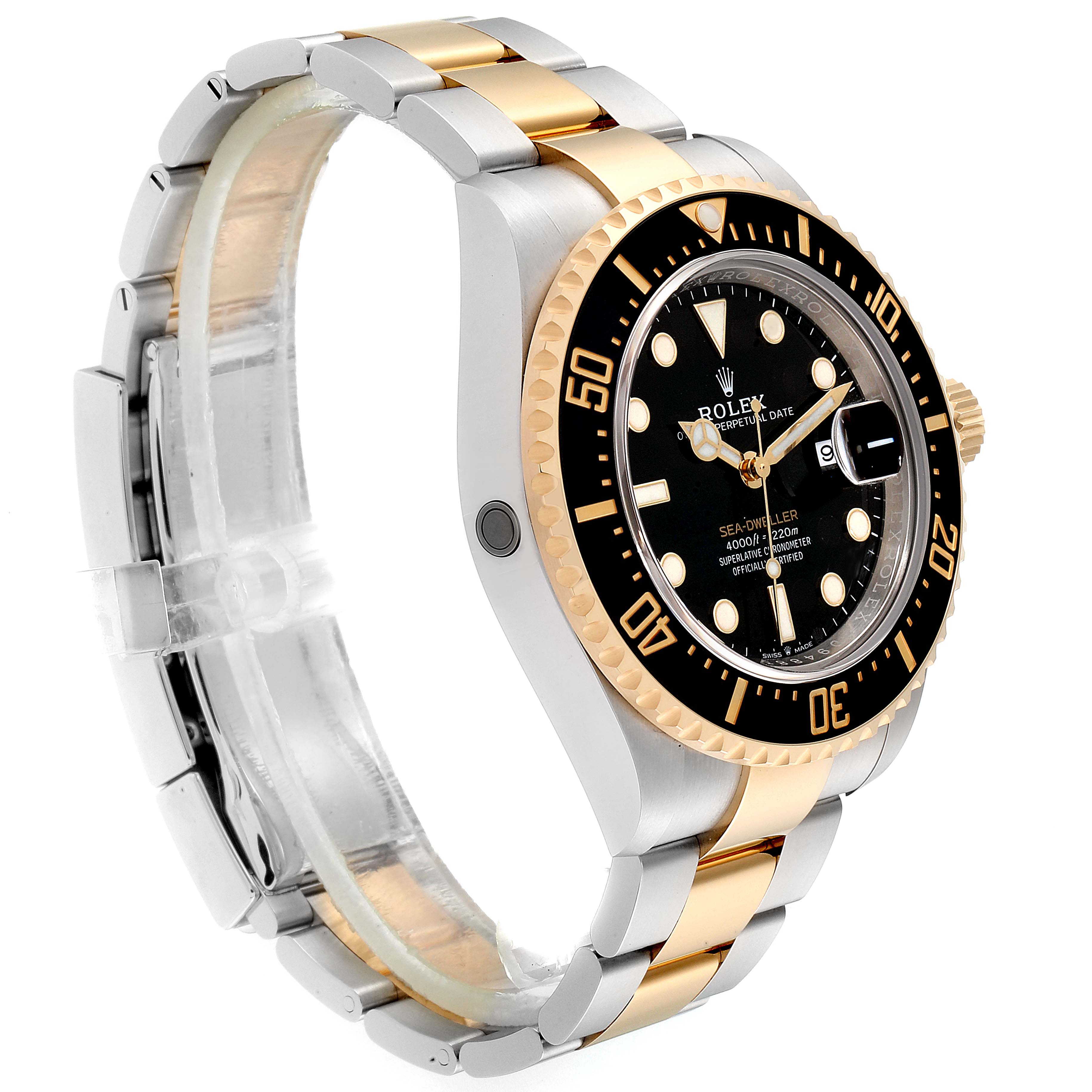 This image shows a Rolex Sea-Dweller 126603 Men's Steel and Gold (two tone) Black Dial 126603 Men's Steel and Gold (two tone) Black Dial watch at a side angle, highlighting the bezel, dial, crown, and bracelet.