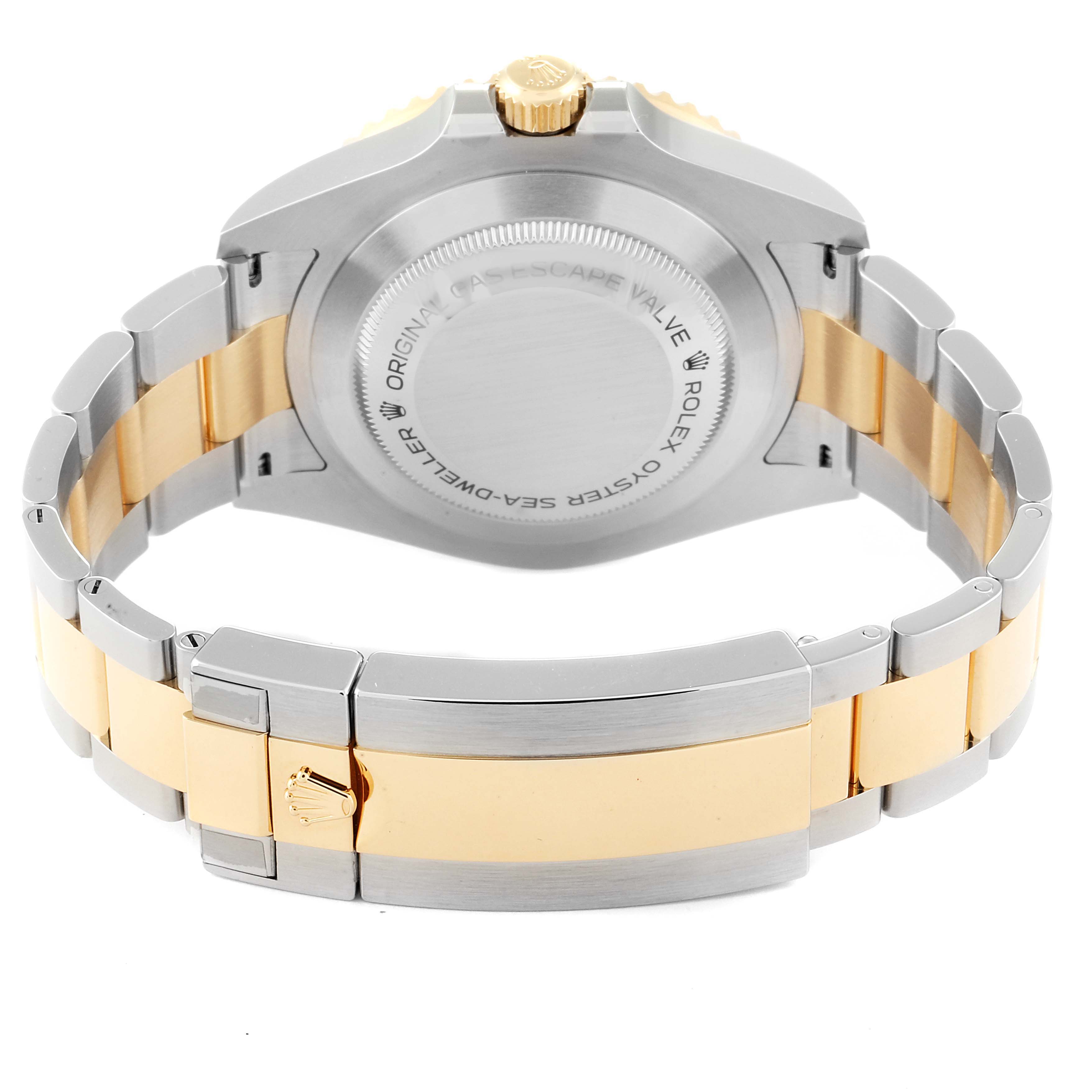 This image shows the back and bracelet of a Rolex Sea-Dweller 126603 Men's Steel and Gold (two tone) Black Dial 126603 Men's Steel and Gold (two tone) Black Dial watch, focused on the caseback and clasp.