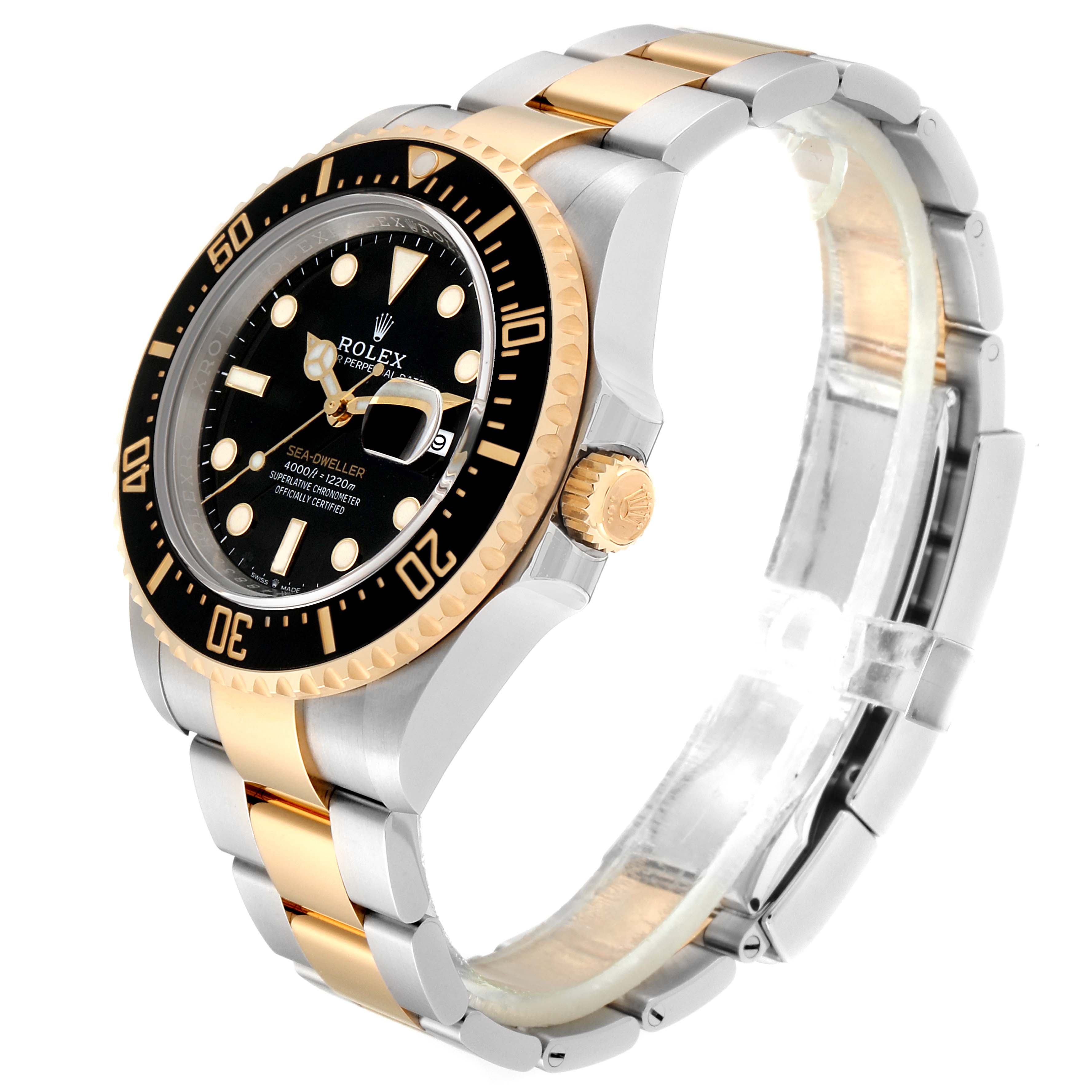 The image shows a Rolex Sea-Dweller 126603 Men's Steel and Gold (two tone) Black Dial 126603 Men's Steel and Gold (two tone) Black Dial watch at an angled side view, highlighting the dial, bezel, crown, and bracelet.