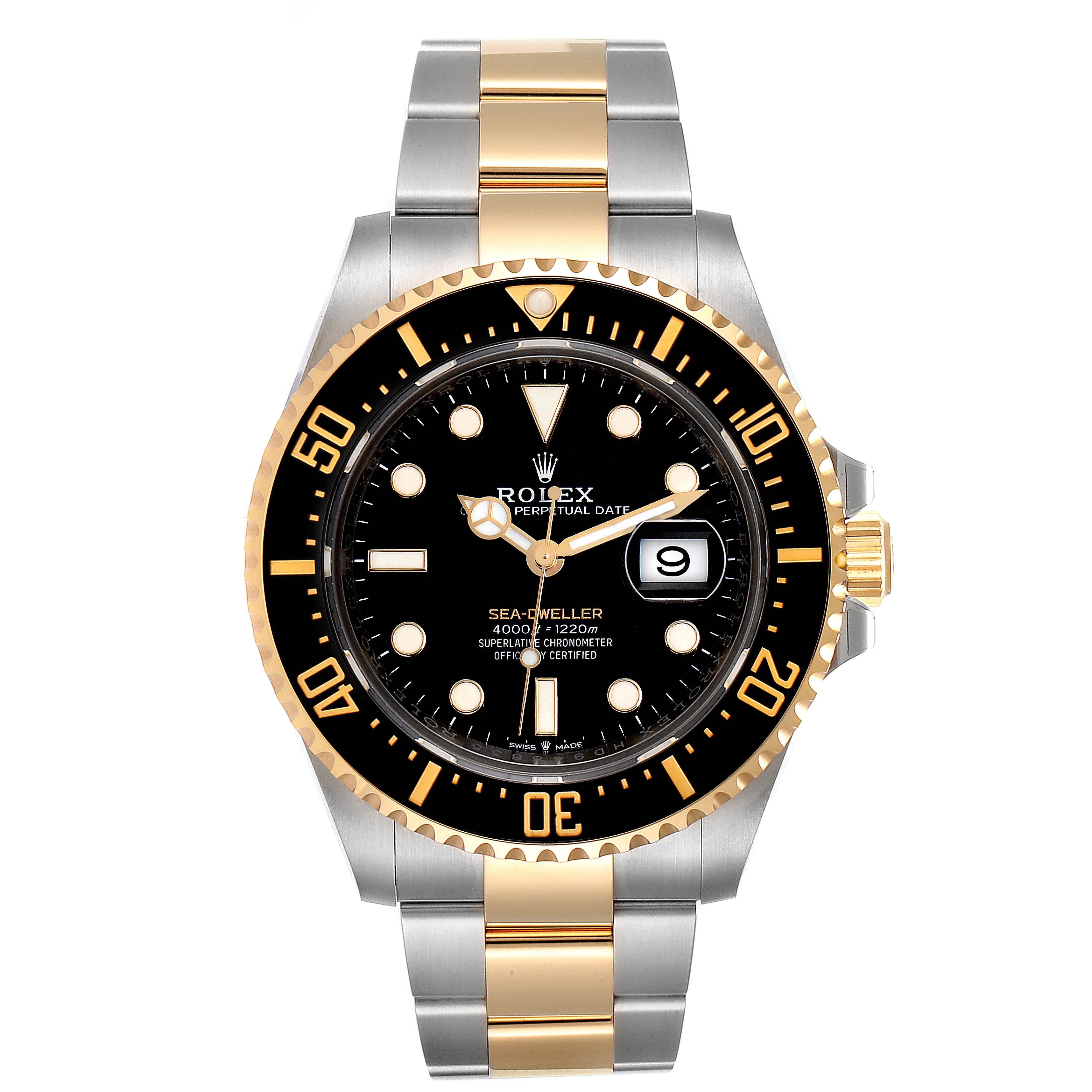 This is a front-facing view of the Rolex Sea-Dweller 126603 Men's Steel and Gold (two tone) Black Dial 126603 Men's Steel and Gold (two tone) Black Dial watch, showcasing its black dial, gold bezel, and two-tone bracelet.