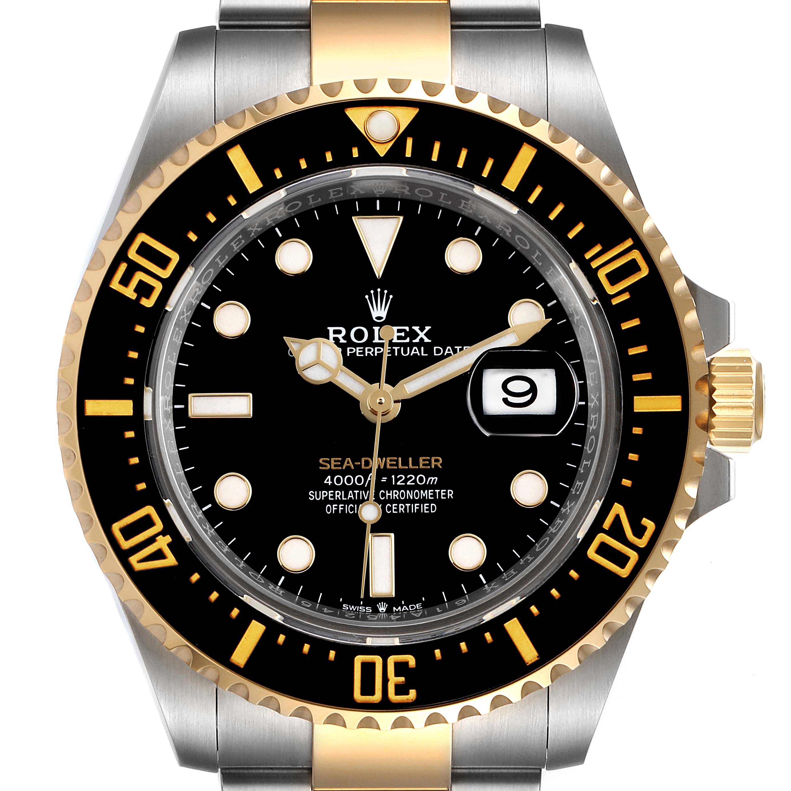 The image shows a front view of the Rolex Sea-Dweller 126603 Men's Steel and Gold (two tone) Black Dial 126603 Men's Steel and Gold (two tone) Black Dial watch, highlighting the dial, bezel, and bracelet.