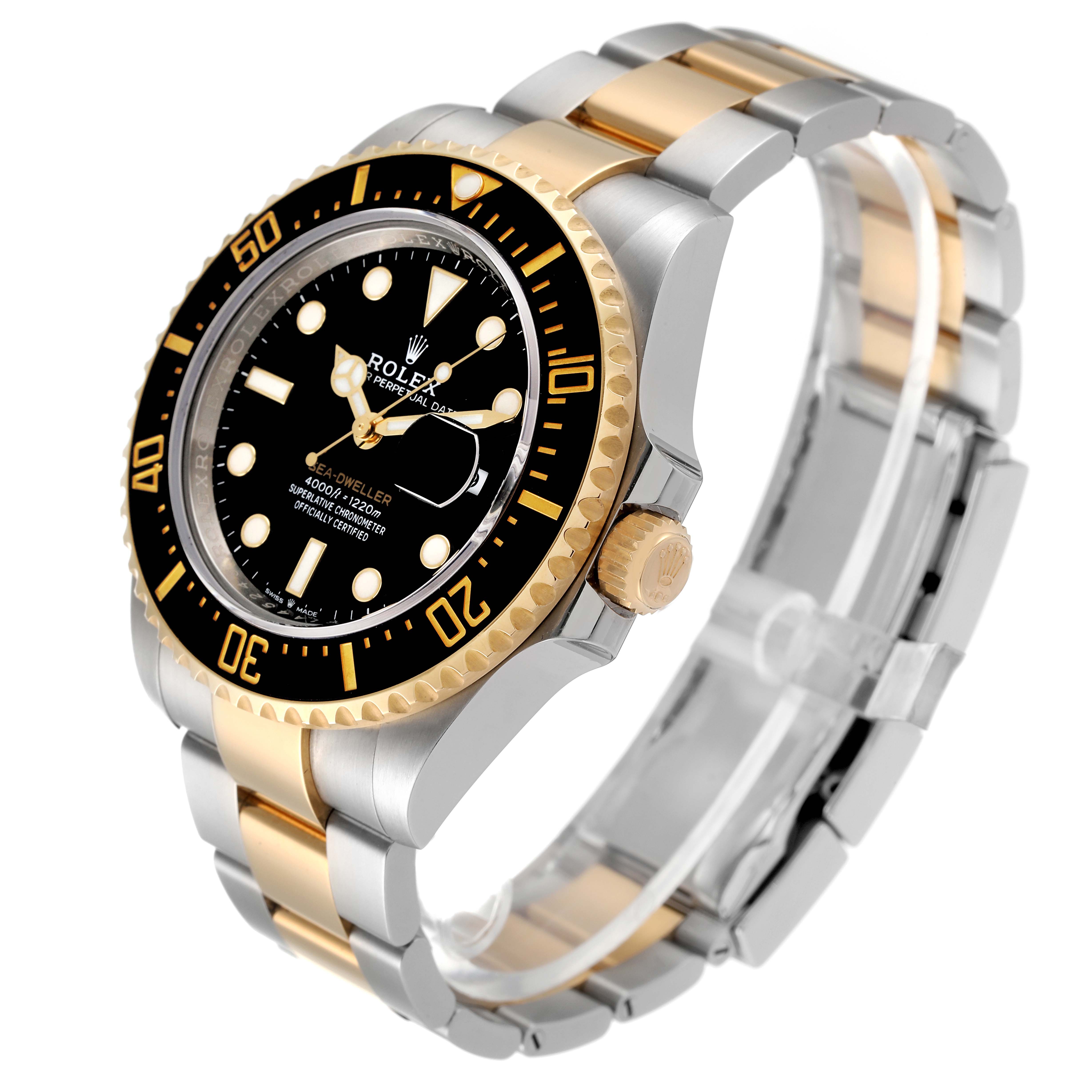 The image shows the side view of a Rolex Sea-Dweller 126603 Men's Steel and Gold (two tone) Black Dial 126603 Men's Steel and Gold (two tone) Black Dial watch, highlighting the two-tone bracelet and black dial.