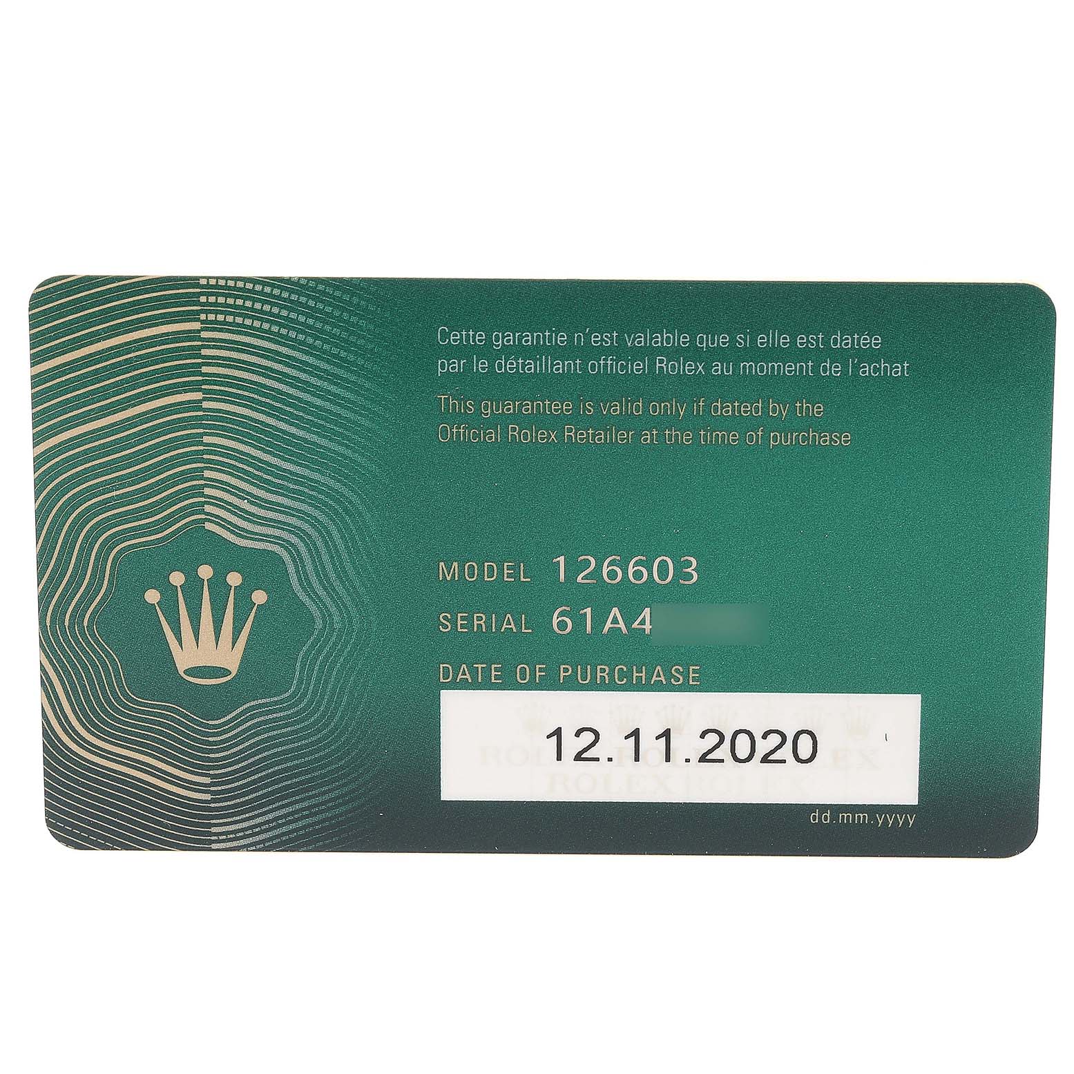 The image shows a warranty card for the Rolex Sea-Dweller 126603 Men's Steel and Gold (two tone) Black Dial 126603 Men's Steel and Gold (two tone) Black Dial model, including the model number 126603 and date of purchase.