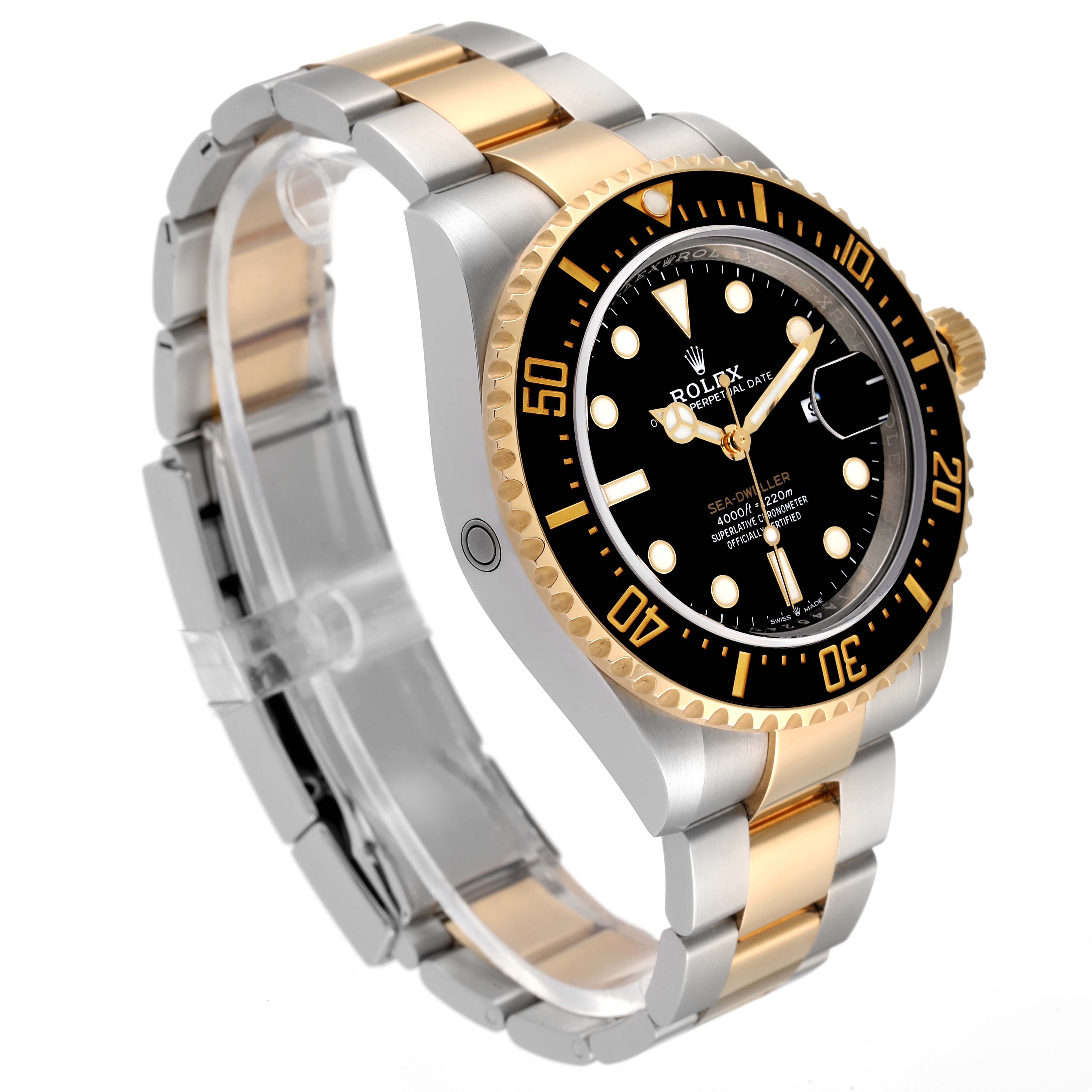The Rolex Sea-Dweller 126603 Men's Steel and Gold (two tone) Black Dial 126603 Men's Steel and Gold (two tone) Black Dial watch is shown at a three-quarter angle, displaying its dial, bezel, and bracelet.