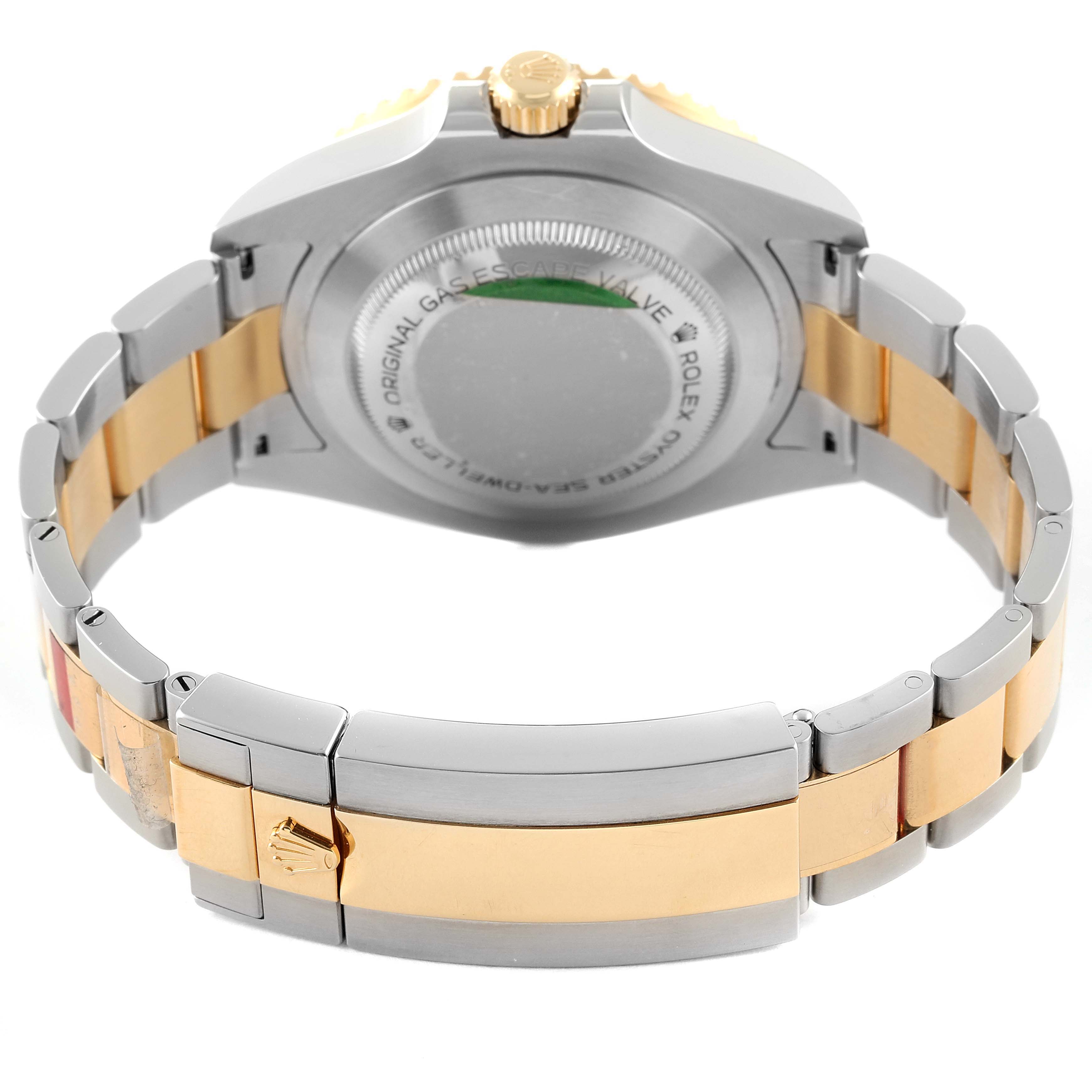 The image shows the back view of a Rolex Sea-Dweller 126603 Men's Steel and Gold (two tone) Black Dial 126603 Men's Steel and Gold (two tone) Black Dial watch, highlighting the case back and the bi-metal bracelet.