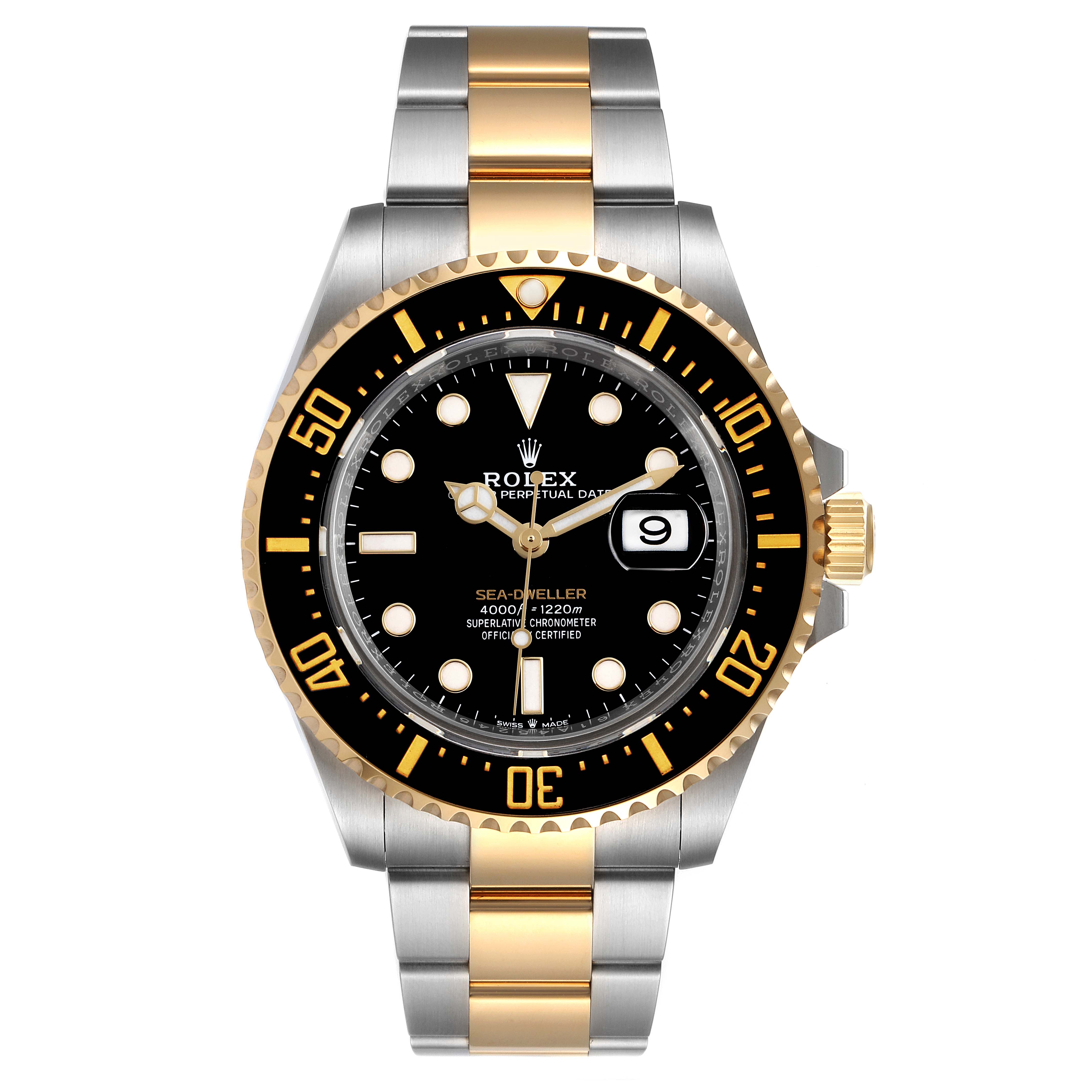 The image shows a front view of the Rolex Sea-Dweller 126603 Men's Steel and Gold (two tone) Black Dial 126603 Men's Steel and Gold (two tone) Black Dial watch, highlighting its black dial, gold accents, and bracelet.
