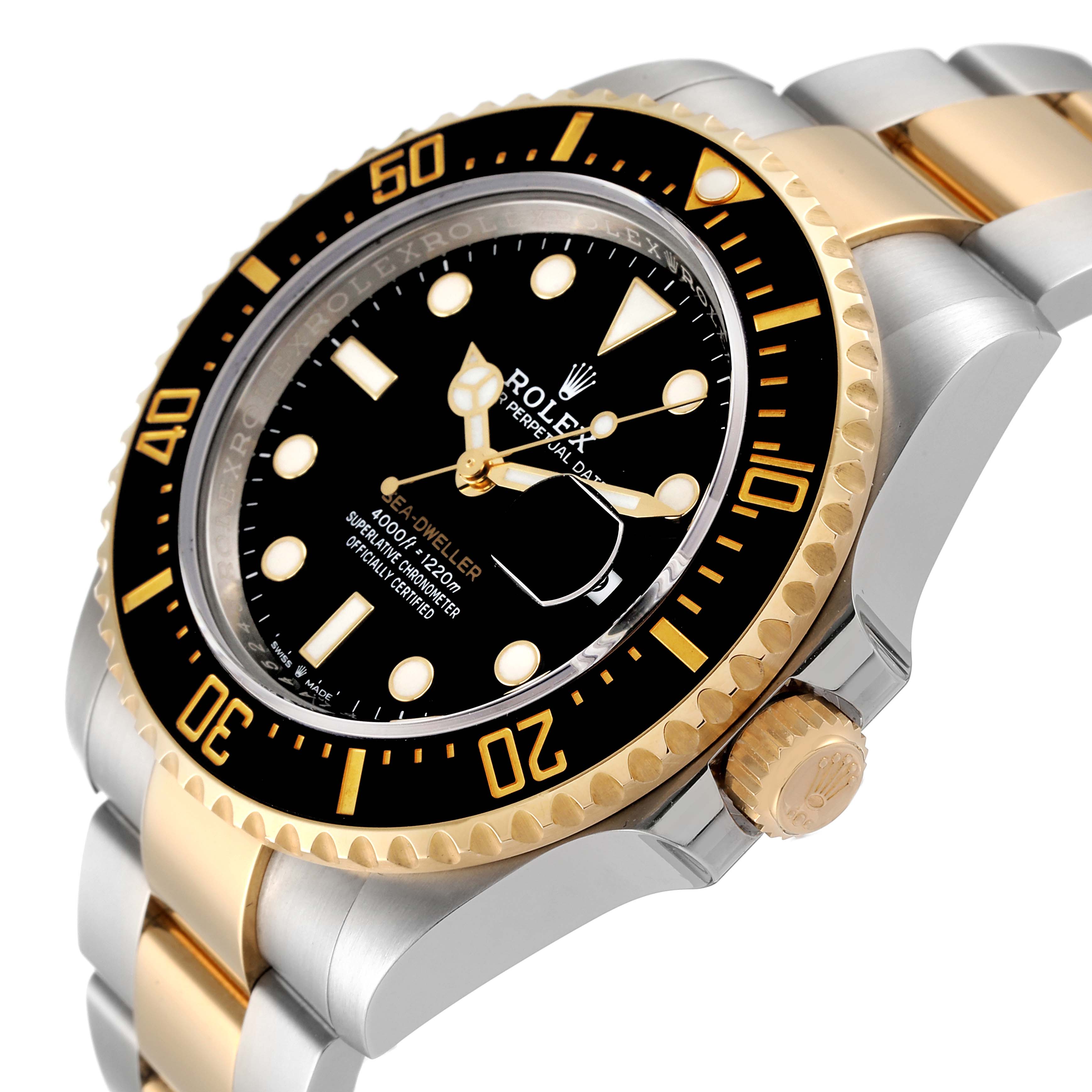 The image shows a Rolex Sea-Dweller 126603 Men's Steel and Gold (two tone) Black Dial 126603 Men's Steel and Gold (two tone) Black Dial watch at an angled close-up, highlighting the bezel, dial, and gold and silver bracelet.
