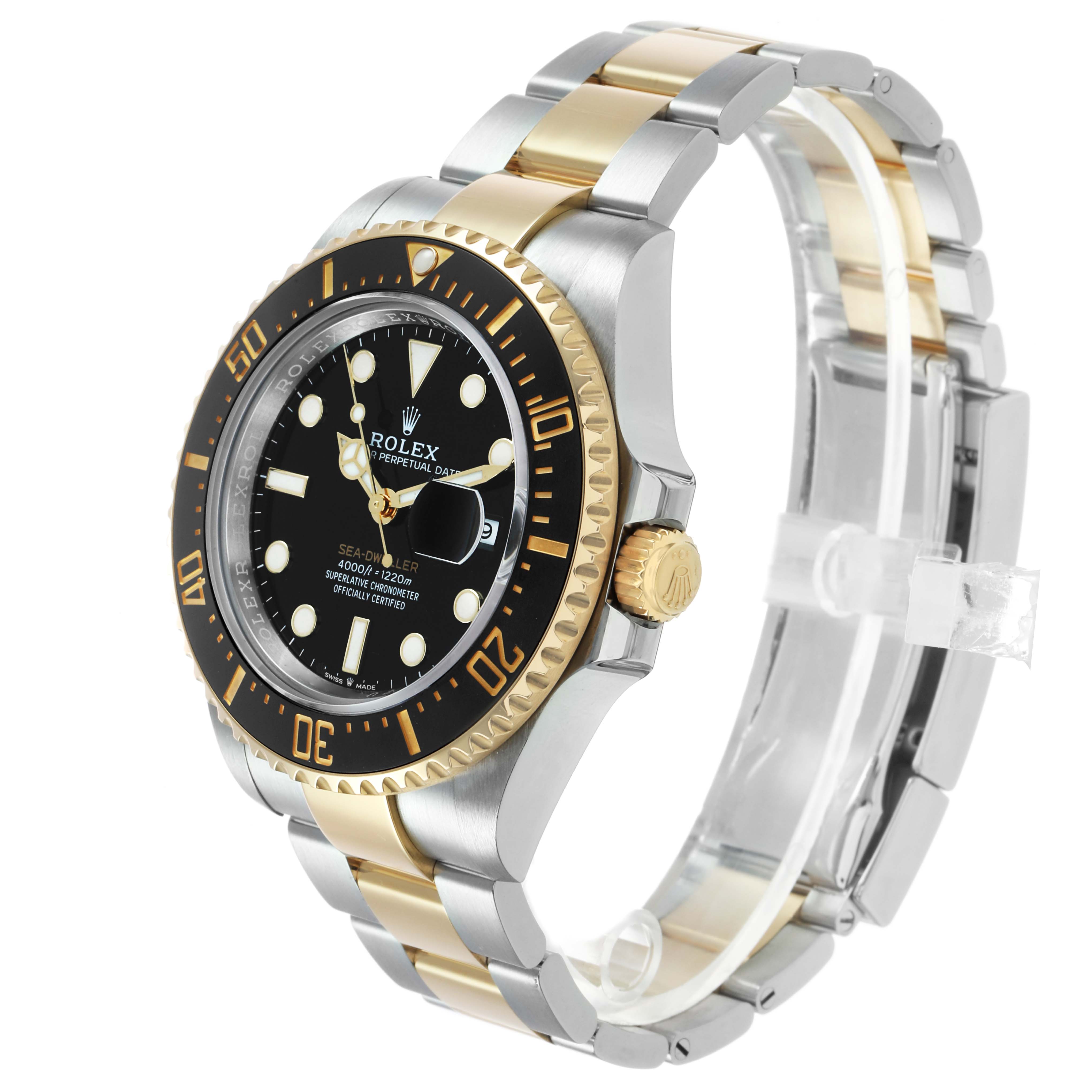 The Rolex Sea-Dweller 126603 Men's Steel and Gold (two tone) Black Dial watch is shown at a three-quarter angle, highlighting the dial, bezel, crown, and bracelet.