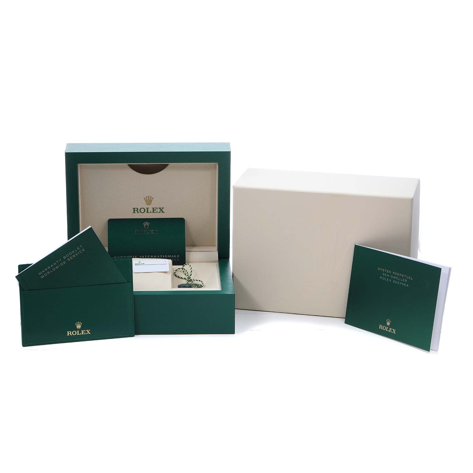 The image shows a Rolex Sea-Dweller 126603 Men's Steel and Gold (two tone) Black Dial box set including the box, manuals, and warranty card, but not the watch itself.