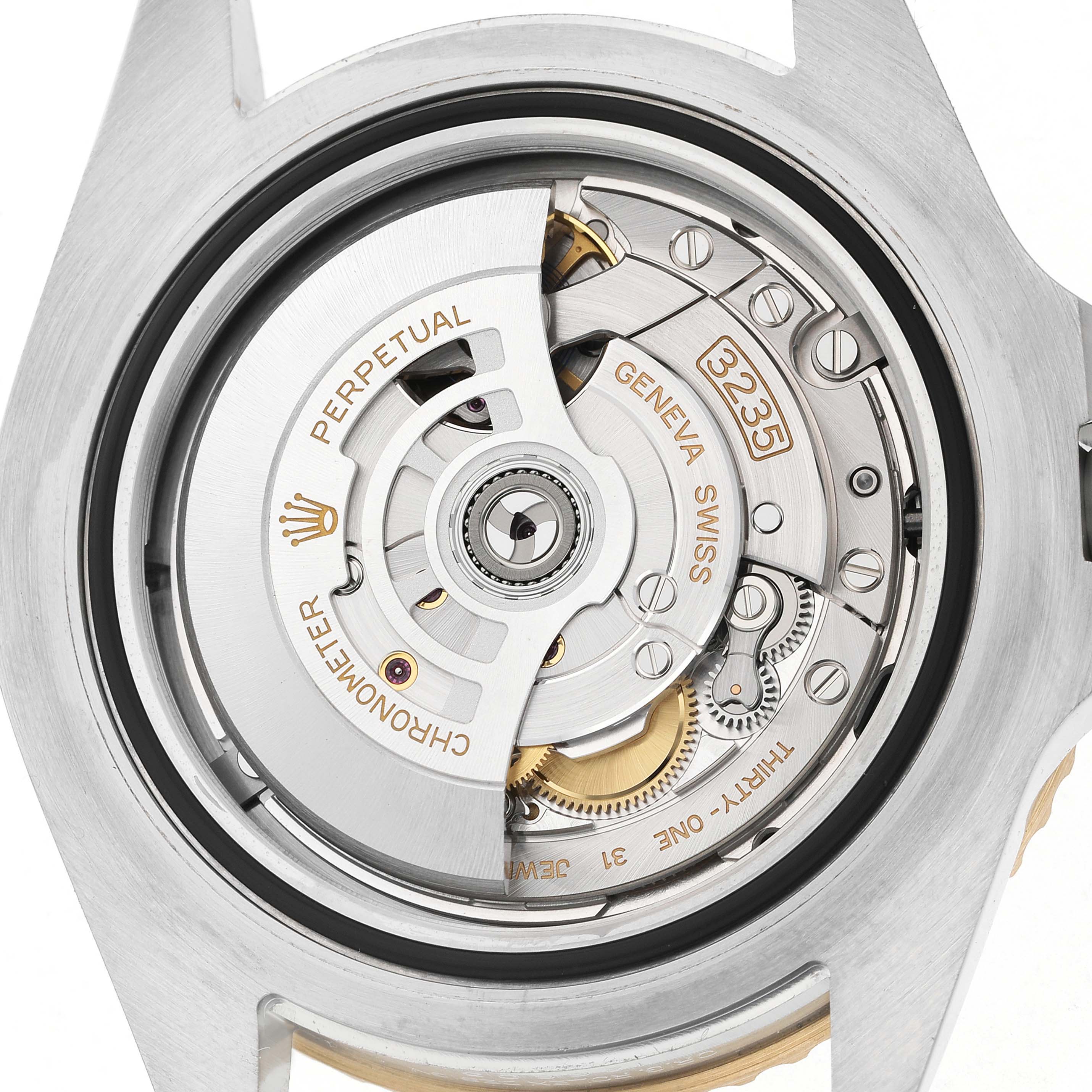 The image shows the back view of the Rolex Sea-Dweller 126603 Men's Steel and Gold (two tone) Black Dial, displaying its movement mechanism and rotor.